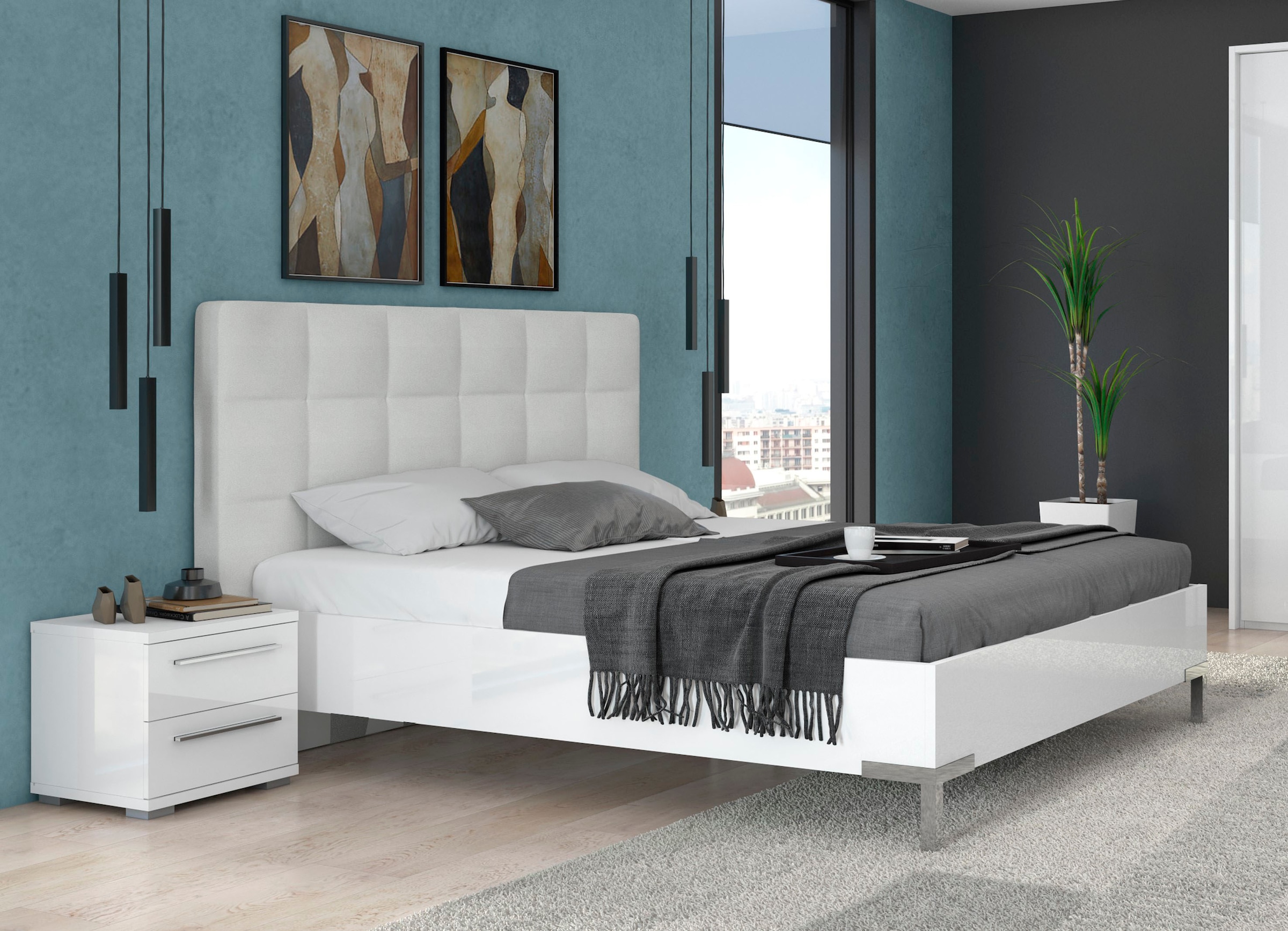 Places of Style Bett »Piano, Liegefläche 160x200 oder 180x200cm, FSC-zertifiziert«, mit gepolstertem Kopfteil, UV Lackierung hochglanz beige oder weiß