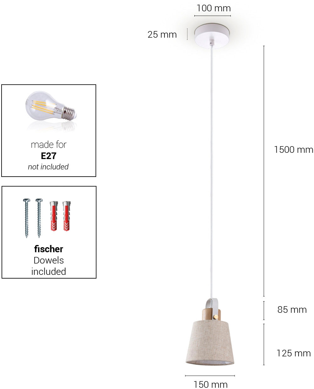 Paco Home Pendelleuchte »MARTA«, Leuchtmittel E27 | ohne Leuchtmittel, Wohnzimmer Esszimmer Industrial Design E27 Stoffschirm 1,5m Kabel