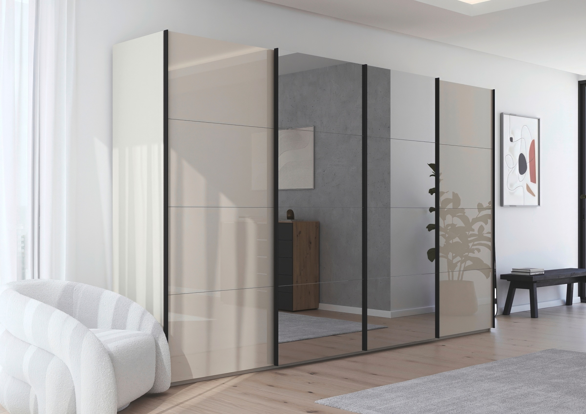 rauch Schwebetürenschrank »Kleiderschrank Schrank Garderobe Schlafzimmerschrank SCALE-FYRA«, edle viergeteilte Türen Spiegel/Glas-Mix viele Farben MADE IN GERMANY