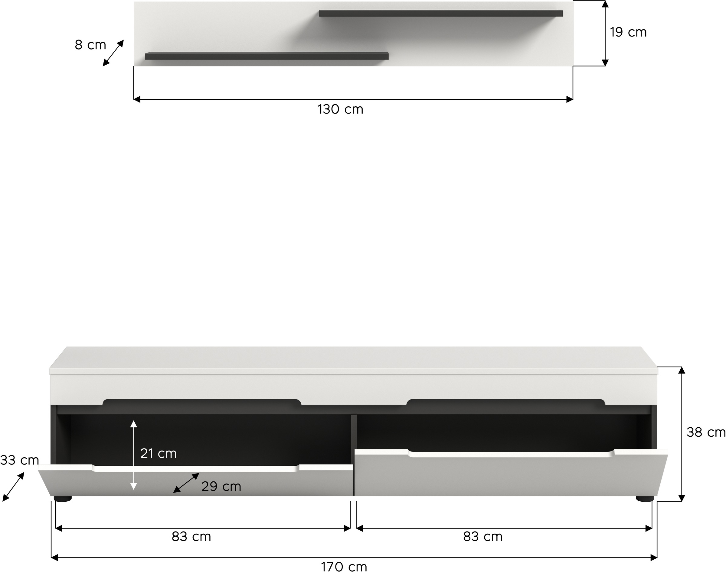 INOSIGN Wohnwand »REHAT, TOPSELLER!, 2-teilig, bestehend aus: Wandboard und Lowboard«, (2 St., Lowboard (170x38x33 cm) stehend & hängend montierbar), Kombination, Anbauwand, Set, Wohn-Set, Wohnzimmer-Set, Schrankwand