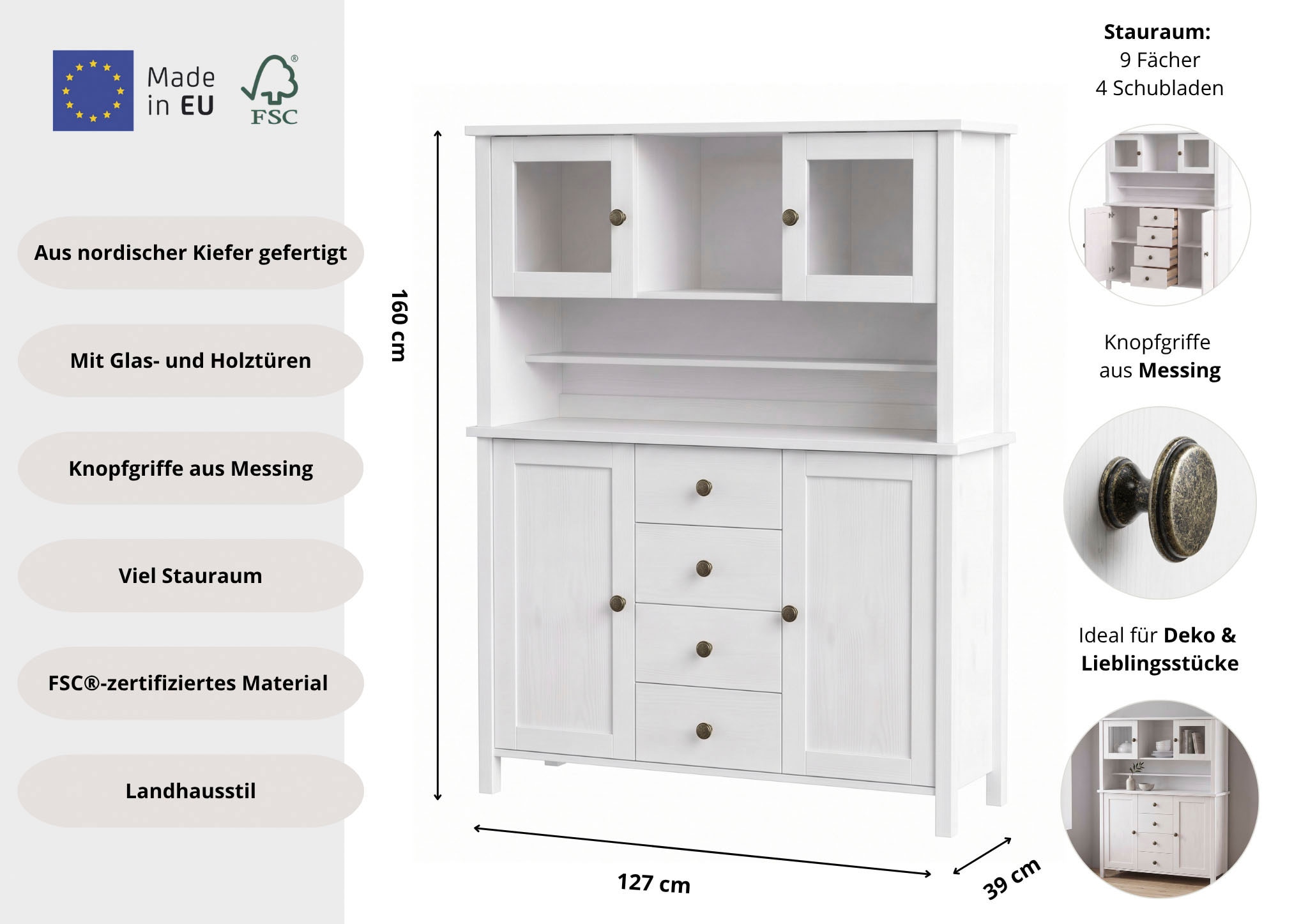 OTTO home Buffet »Mikkeli Küchenbuffet mit 2 Glastüren, Metallgriffe« aus massiver FSC®-zertifizierter Kiefer, moderner Landhausstil