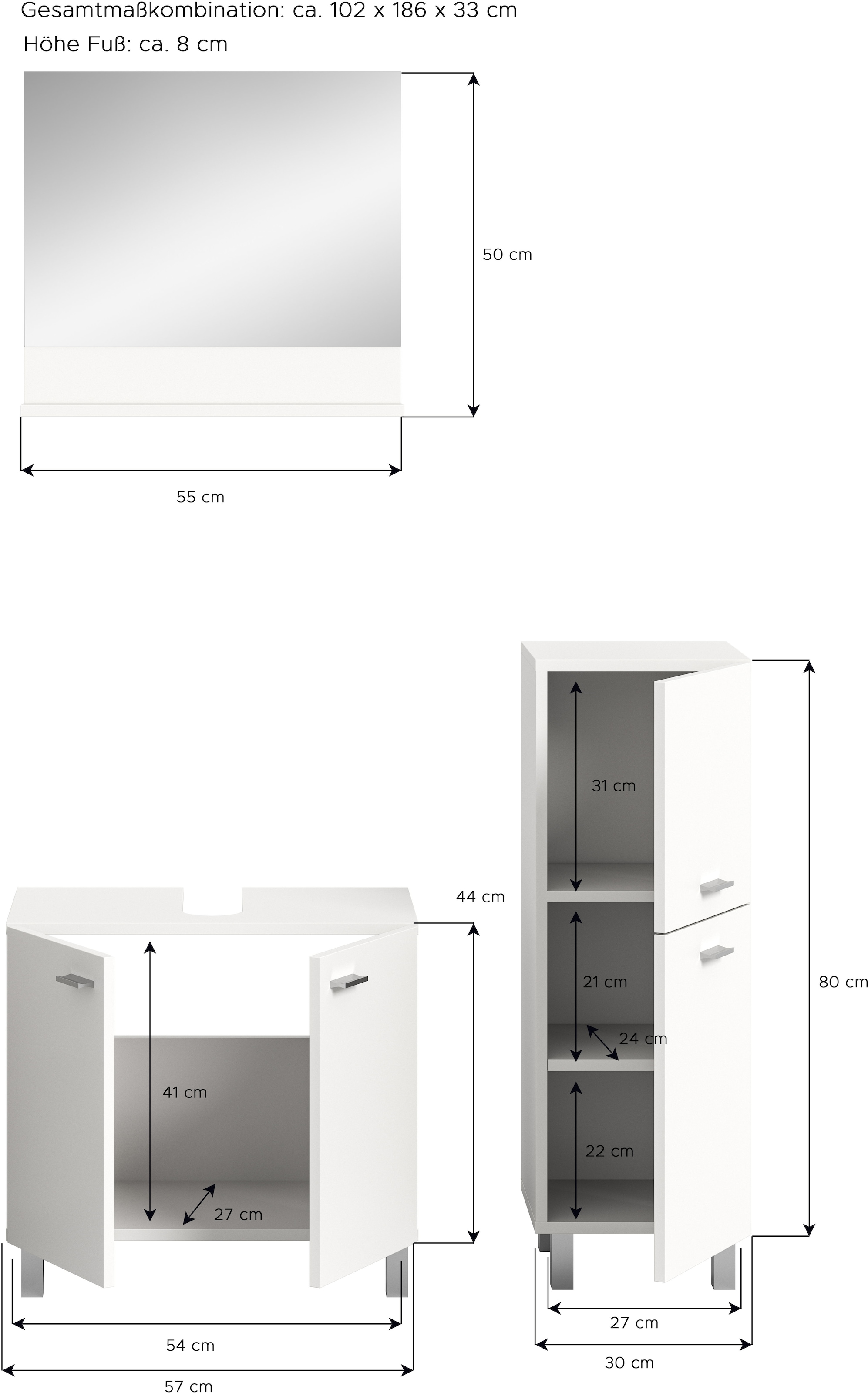 welltime Badmöbel-Set »Tampa, Breite 102cm, 3-teilig«, (3 St.), Waschbeckenunterschrank, Spiegel, Midischrank