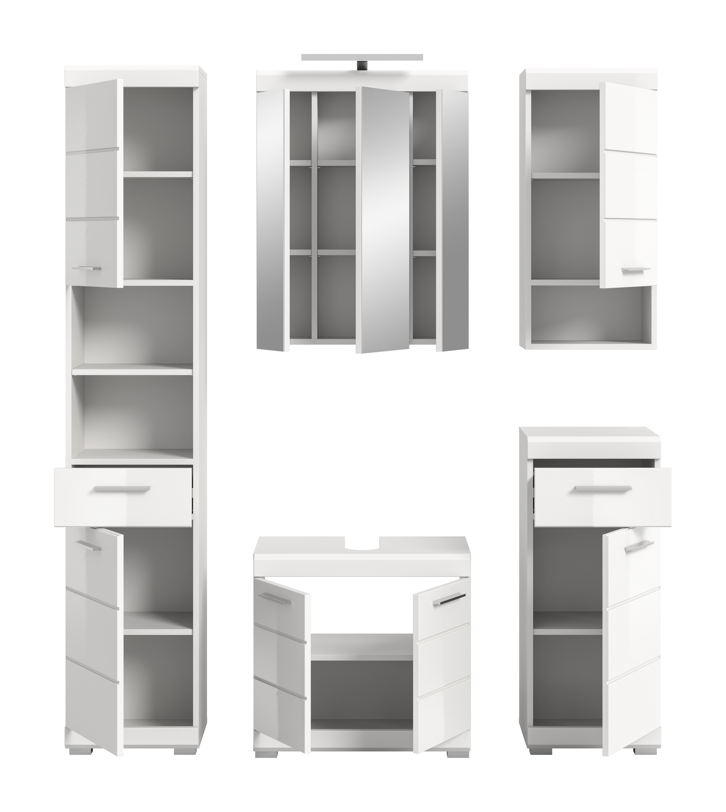 INOSIGN Badmöbel-Set »Siena, 5 teilig, inklusive LED Beleuchtung, bestehend aus:«, (Set), Hochschrank, WBU, Spiegelschrank, Unterschrank, Hängeschrank