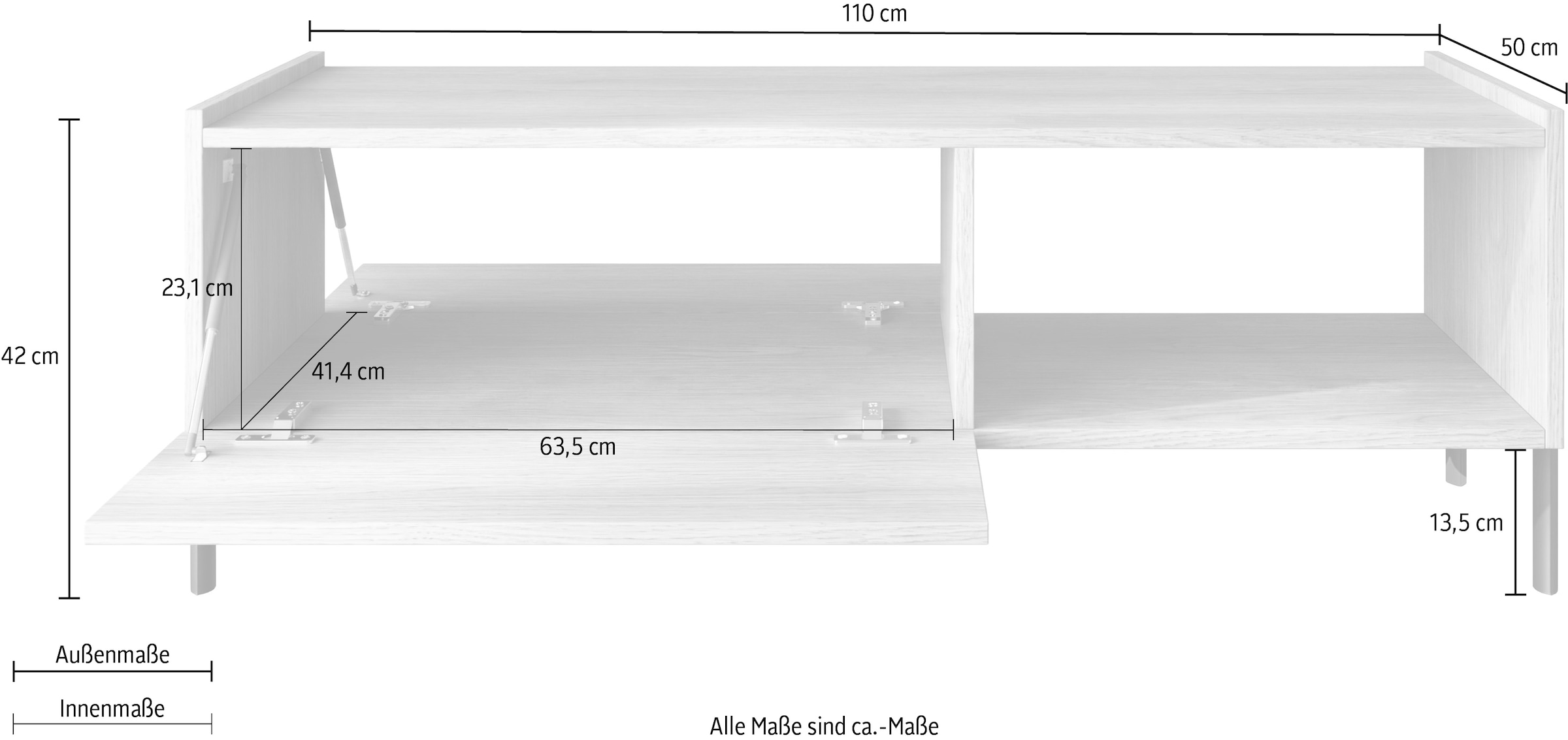 OTTO home Couchtisch »Badia 110x50 cm Korpus-Couchtisch, 2 Klappen, offenes Fach« Rechteckiger Wohnzimmertisch mit flexiblem Stauraum & Metallfüßen