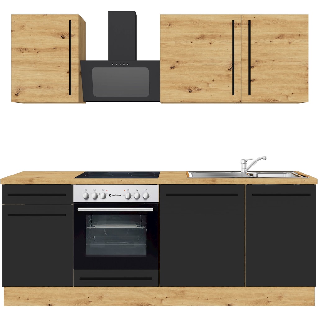 Kochstation Küchenzeile »Florida mit 38mm starker Arbeitsplatte«, Breite 220 cm, wahlweise mit E-Geräten, Soft-Close-Funktion