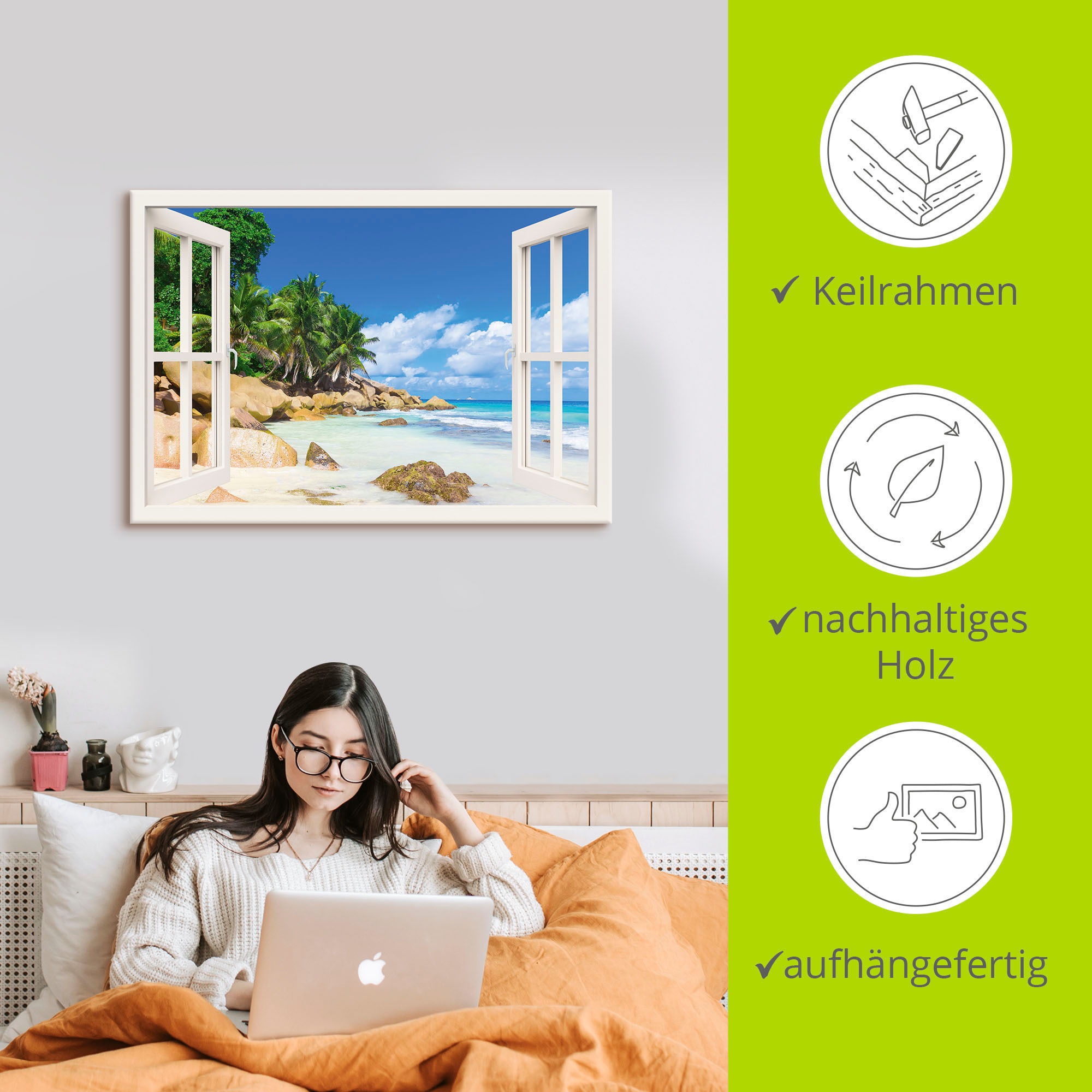 Artland Wandbild »Küste mit Palmen durchs Fenster«, Karibikbilder, (1 St.), als Alubild, Outdoorbild, Leinwandbild, Poster, Wandaufkleber