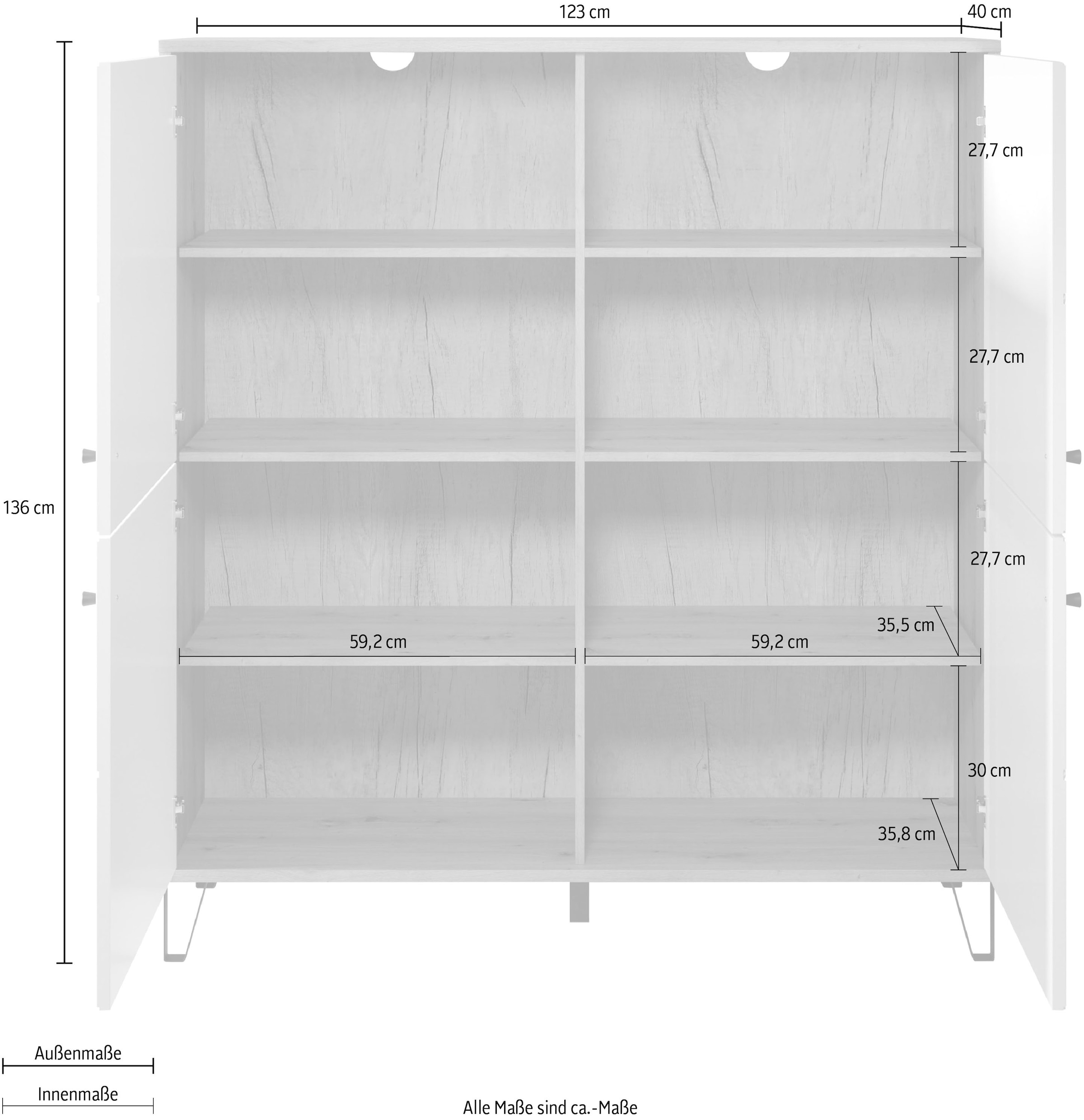 Places of Style Highboard »Tarragona«, Stauraumschrank, Fräsungen in Rautenoptik, 8 Fächer, Breite 123 cm