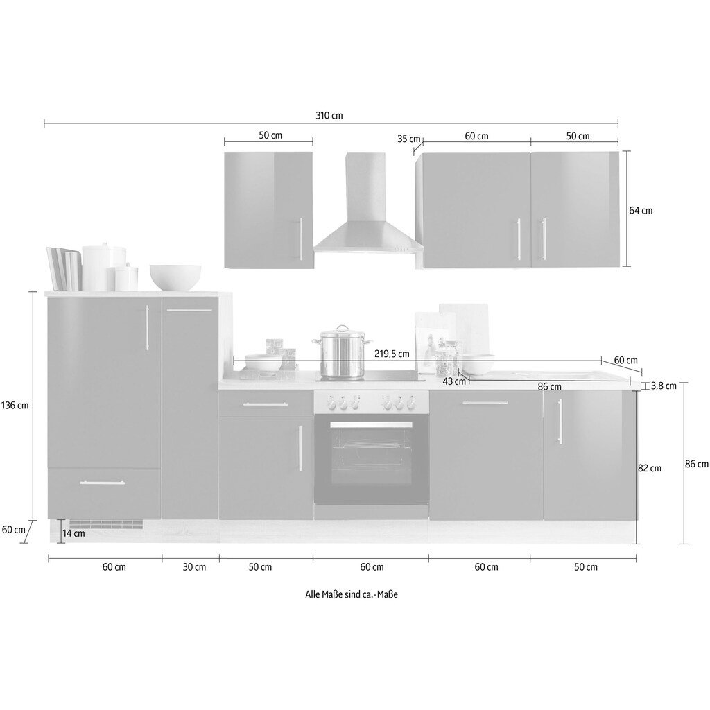 Menke Küchen Küchenzeile »Premium«, Küchenzeile mit E-Geräten, Breite 310 cm
