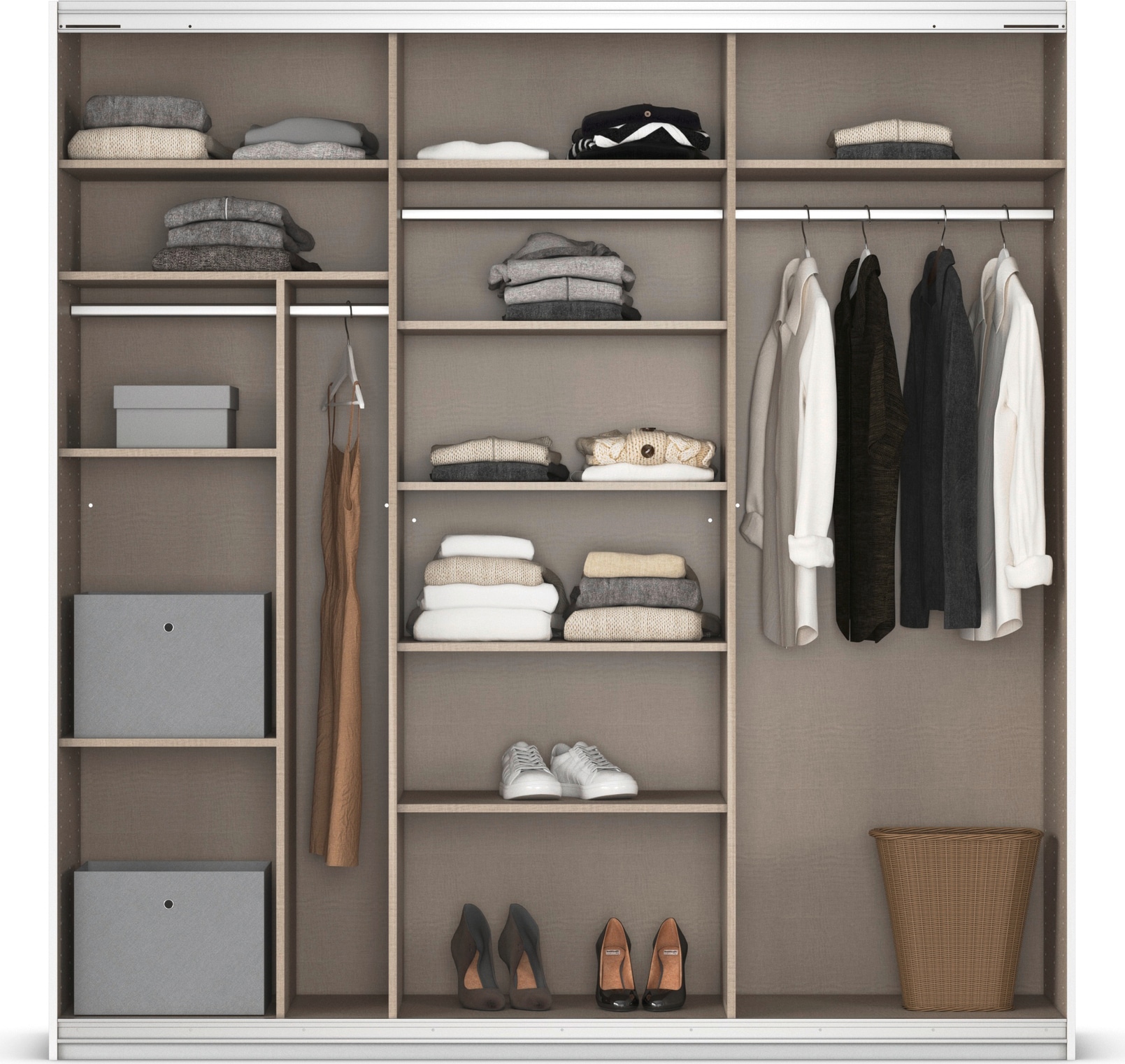 rauch Schwebetürenschrank »Schwebetürenschrank Kleiderschrank Schrank Garderobe CORTONA«, inkl. Inneneinteilung, 2 Stoffboxen und zusätzlichen Einlegeböden