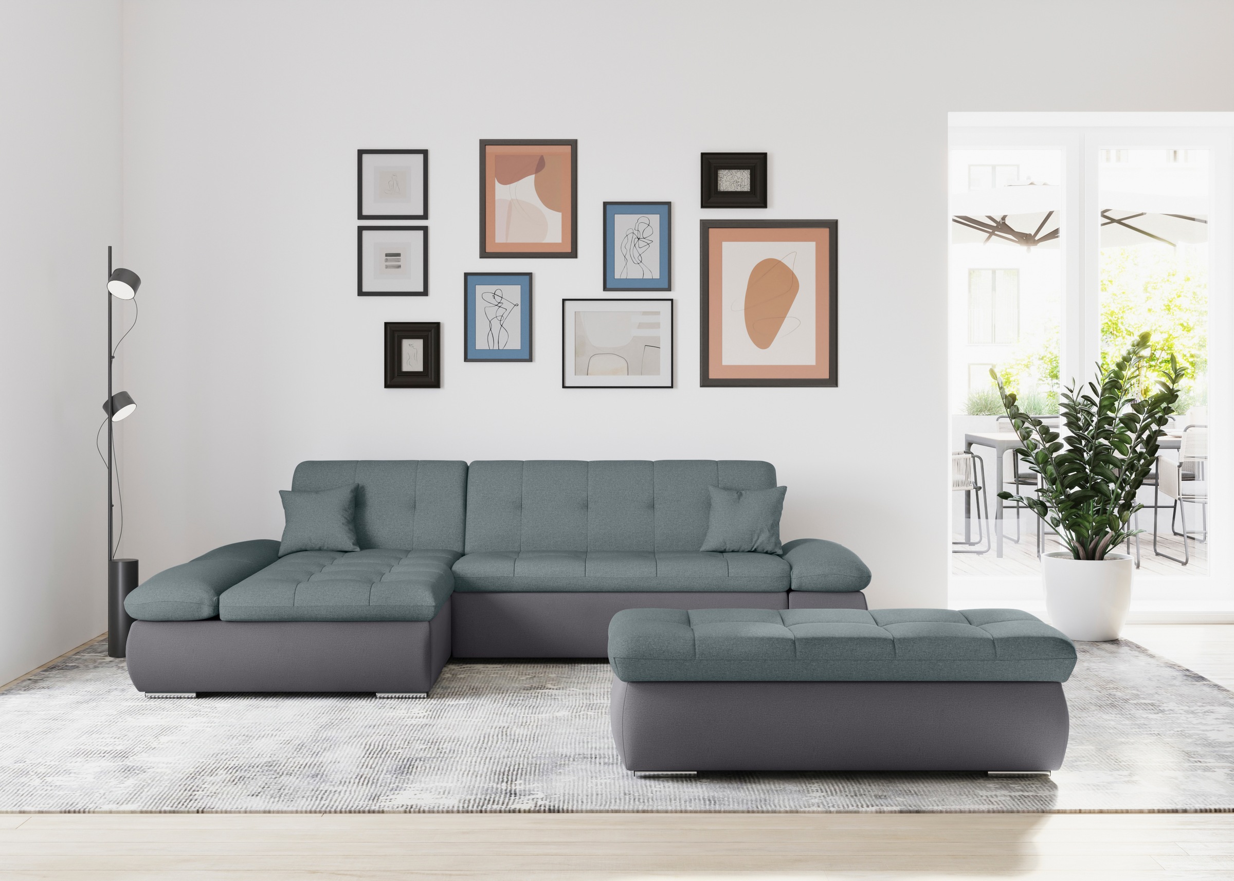 DOMO collection Ecksofa »Moric, L-Form, XXL-Sofa - Breite 300cm«, wahlweise mit Bettfunktion und Armteilverstellung, grau-eisblau