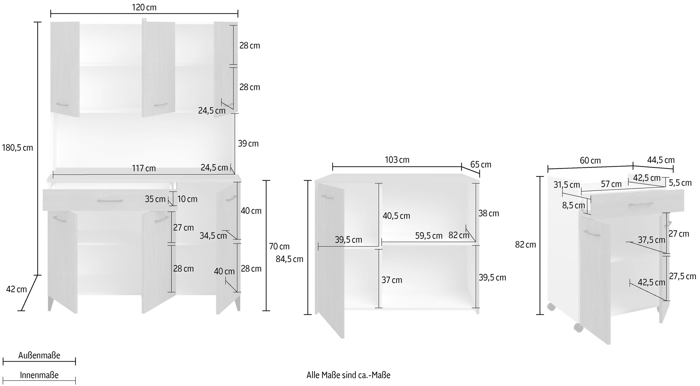 Parisot Mehrzweckschrank-Set »Parisot, Malice 6 - Buffet, Beistellschrank auf Rollen, Insel« 3-teilig, Buffet, Beistellschrank auf Rollen, Beistellschrank/Insel, 3 Stk. tlg.