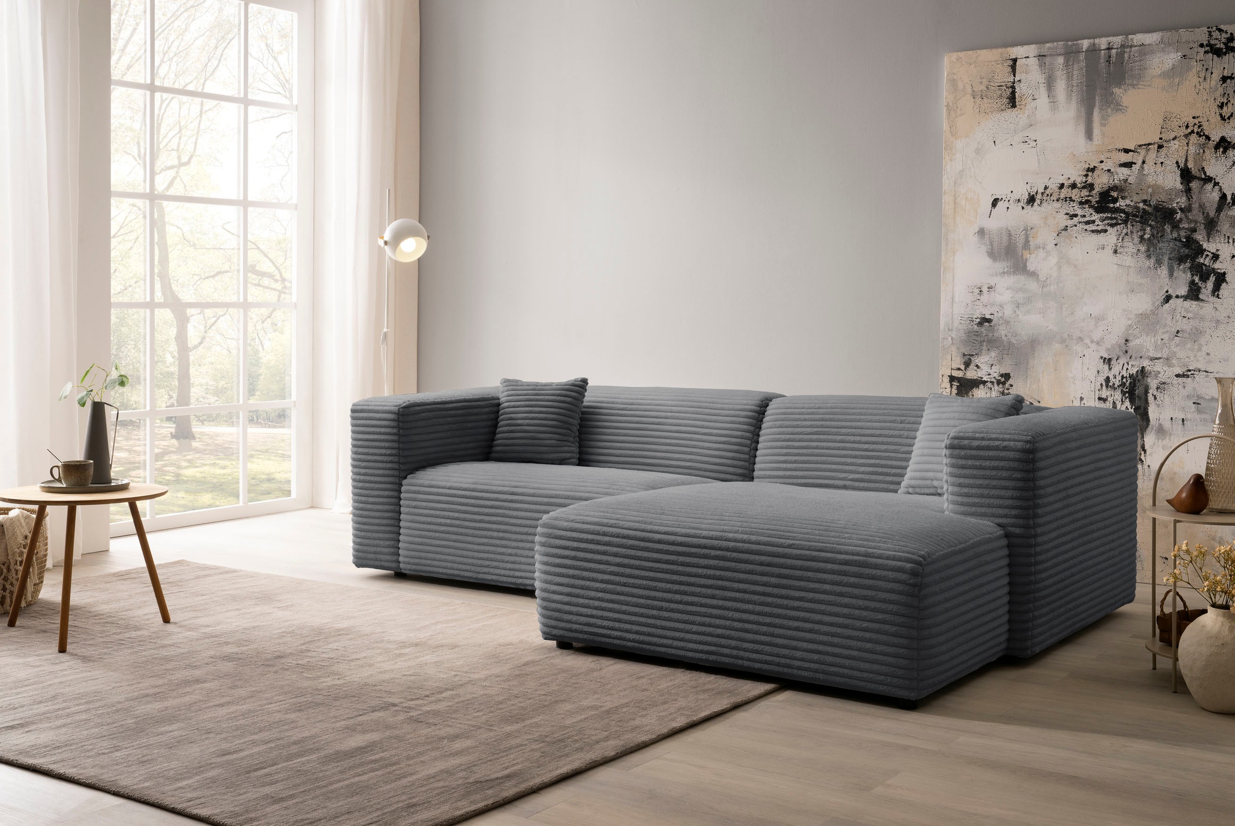 andas Ecksofa »BAKELS, L-Form in Cord oder Boucle-Stoff, moderne Couch«, wahlweise Recamiere rechts/links, bequemer Sitzkomfort