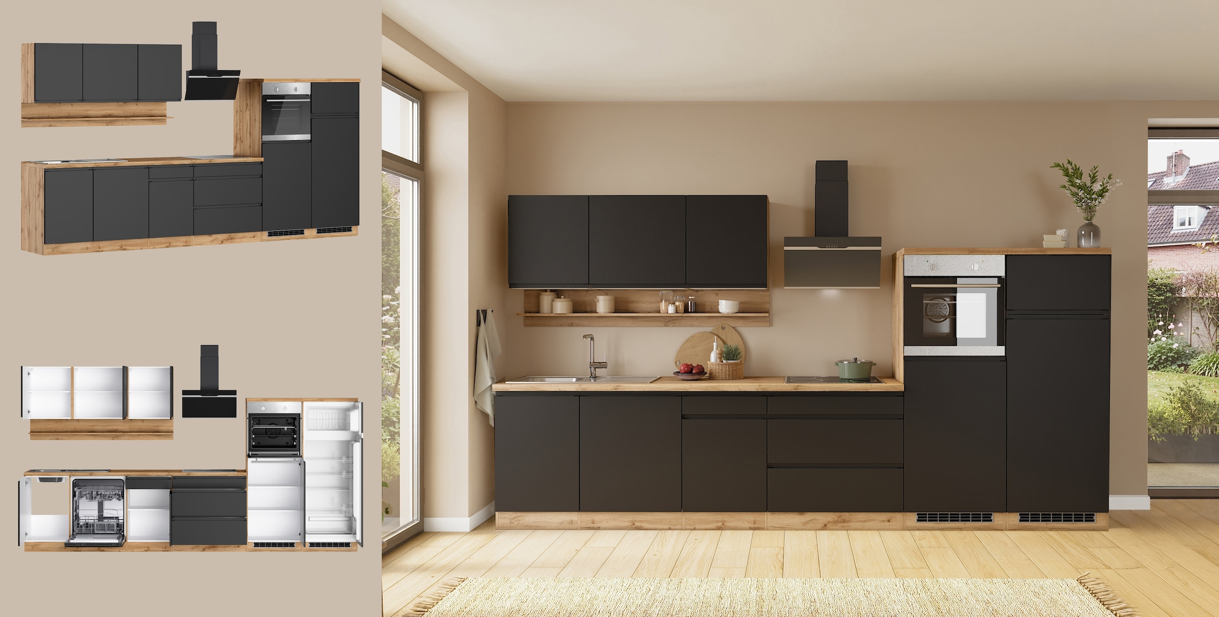 KOCHSTATION Küchenzeile »KS-Virginia,neu in verbesserter Ausführung« Arbeitsplatte 38 mm stark, Stauraum, Softclose,  Breite 360 cm, Softclose, wahlweise mit E-Geräten und Induktion