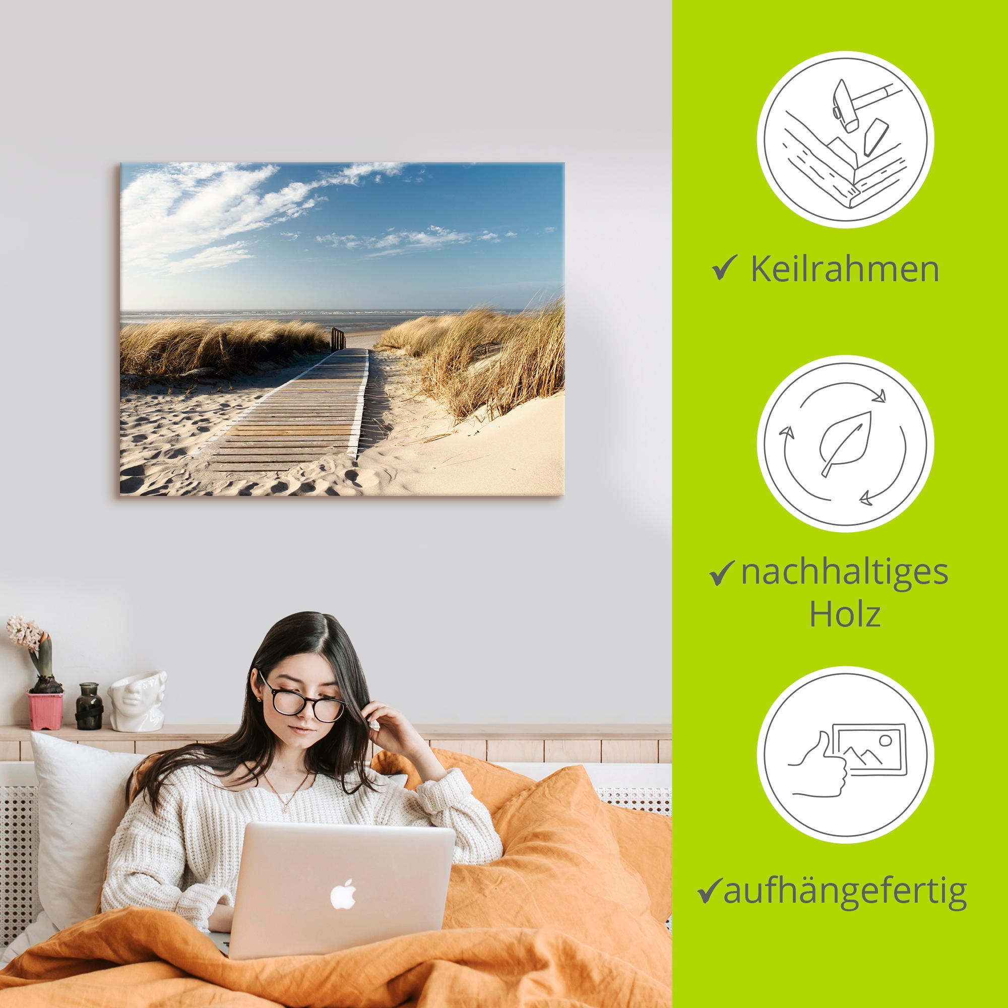 Artland Wandbild »Nordseestrand auf Langeoog - Steg«, Strand, (1 St.), als Alubild, Outdoorbild, Leinwandbild, Wandaufkleber, versch. Größen