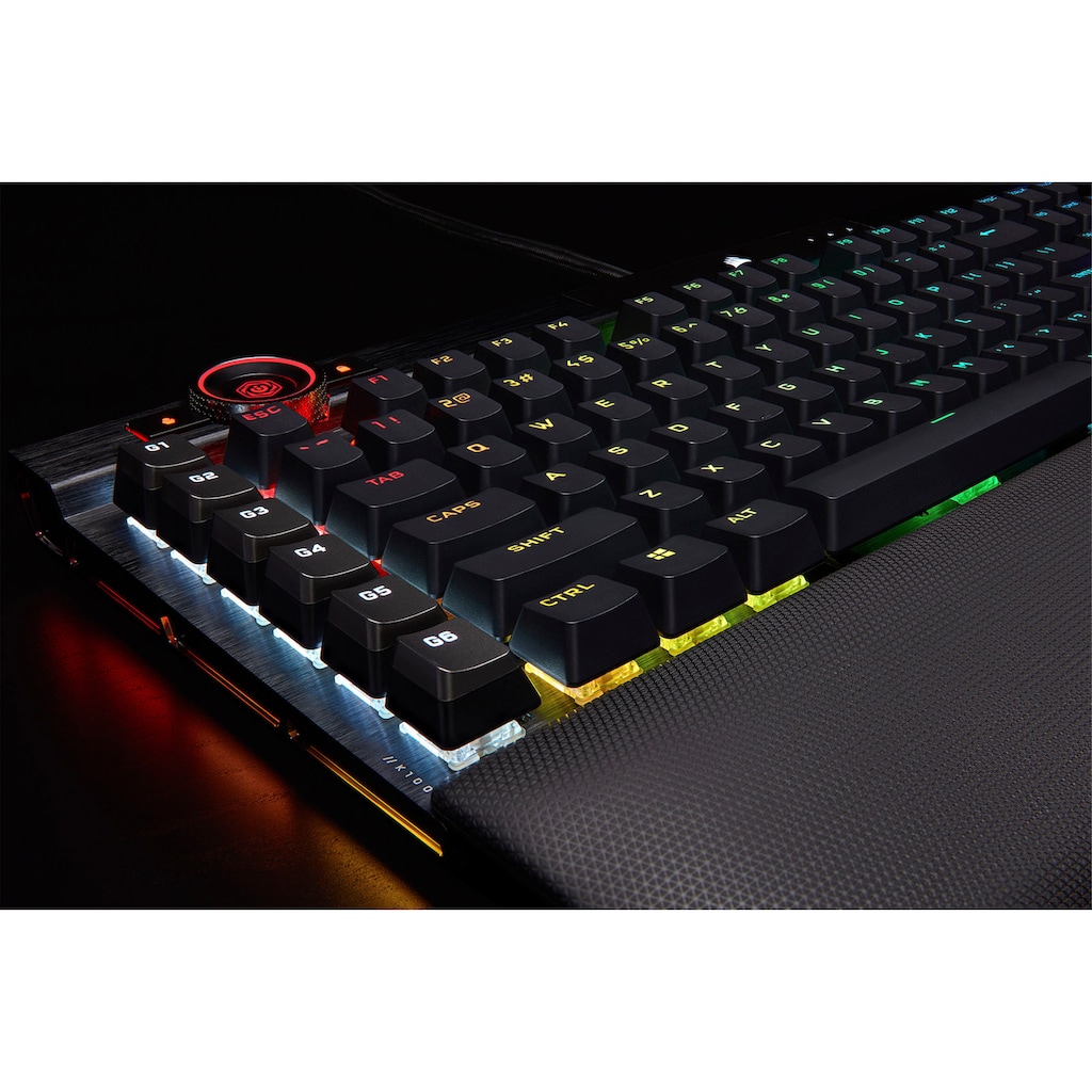 Corsair Gaming-Tastatur »K100 CORSAIR OPX«, (Handgelenkauflage-USB-Anschluss-Lautstärkeregler-Makro-Tasten-ausklappbare Füße-Ziffernblock)