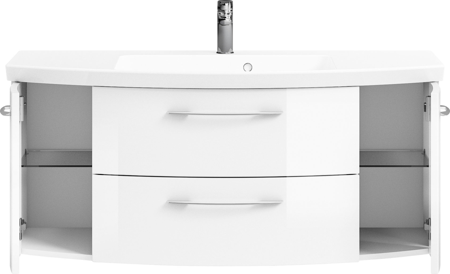 Saphir Badmöbel-Set »Cassca Sprint 4-teilig Mineralmarmor-Waschtisch mit LED-Spiegelschrank«, (5 St.), Midischrank, Unterschrank, inkl. Türdämpfer, 7 Türen, 5 Schubladen