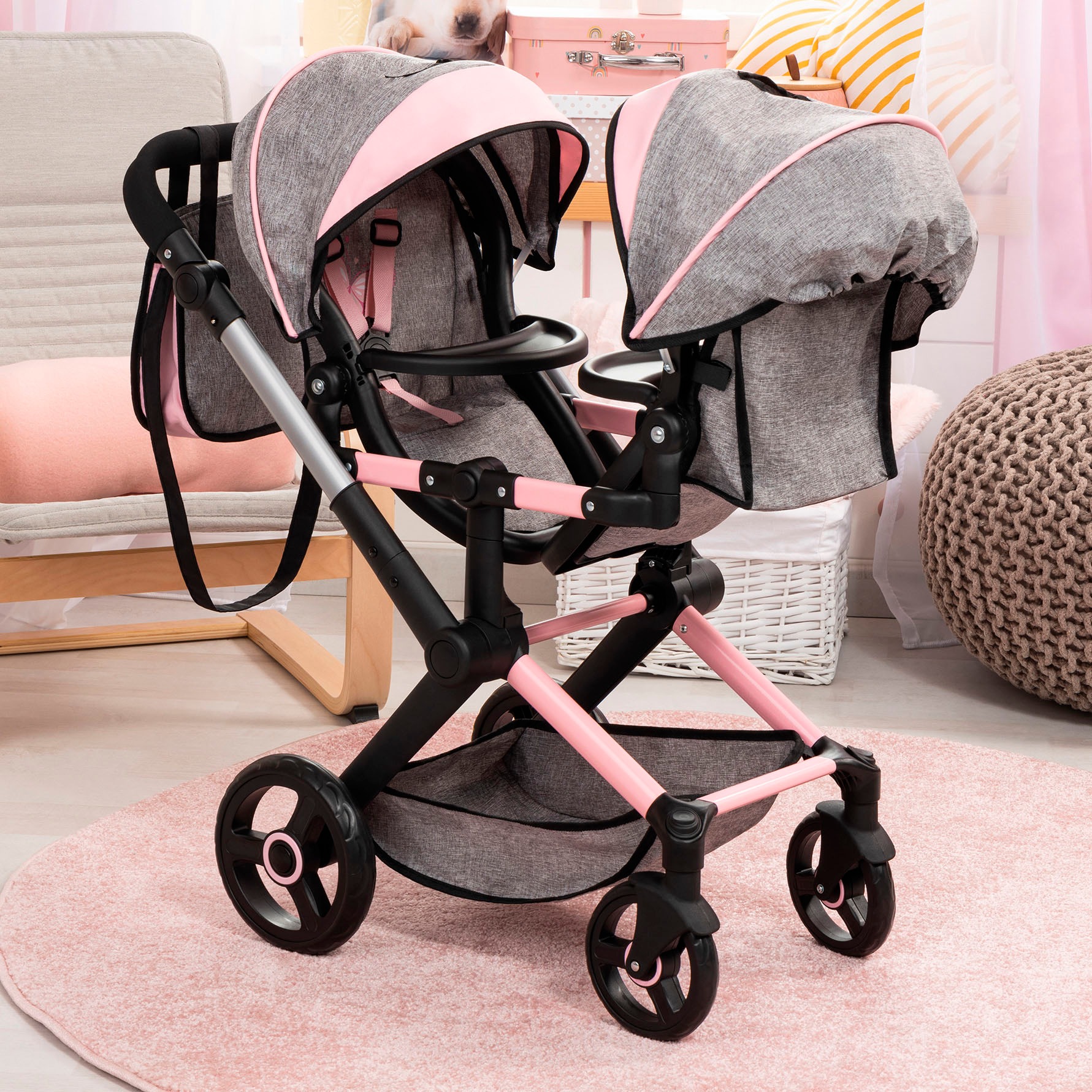 Bayer Puppen-Zwillingsbuggy »Xeo Twin grau/rosa«, mit Wickeltasche