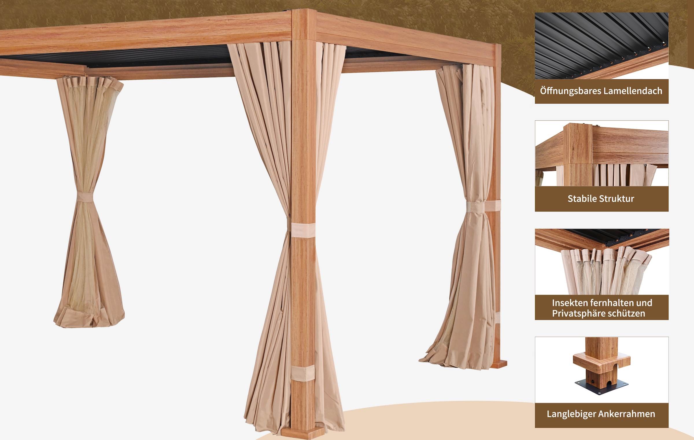 KONIFERA Pavillon »Pergola Alhambra, Terrassendach mit Aluminiumpfosten« 3x3 oder 3x4 m, holzfarben, 4 Seitenteile, verstellbare Dachlamellen