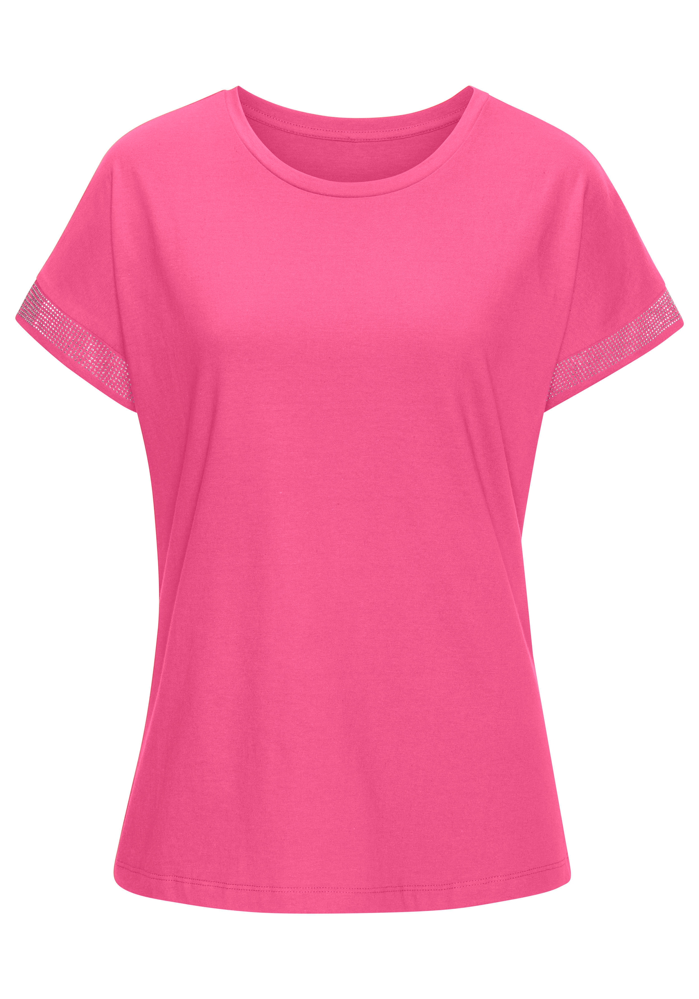 LASCANA Kurzarmshirt »mit glitzernem Strass-Design am Arm«, aus weicher Baumwoll-Qualität