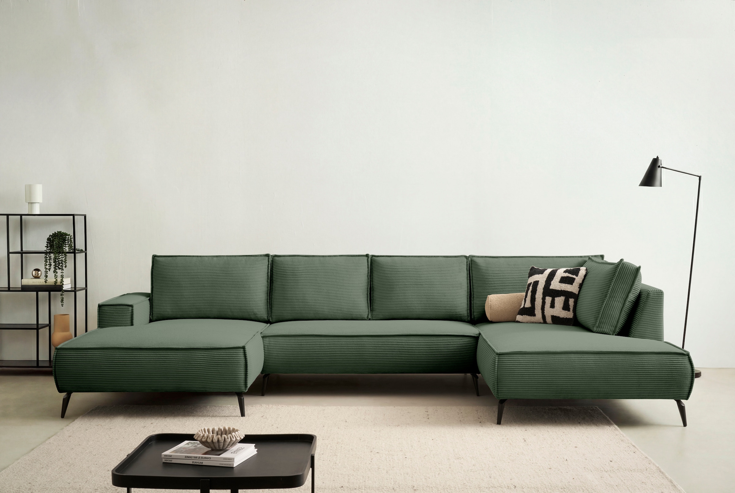 Home affaire Wohnlandschaft »Tvinnu, moderne U-Form, Couch in Cord oder Webstoff in Leinenoptik« Recamiere rechts/links, schwarze Metallfüße, bequeme Sitz-/Liegefläche