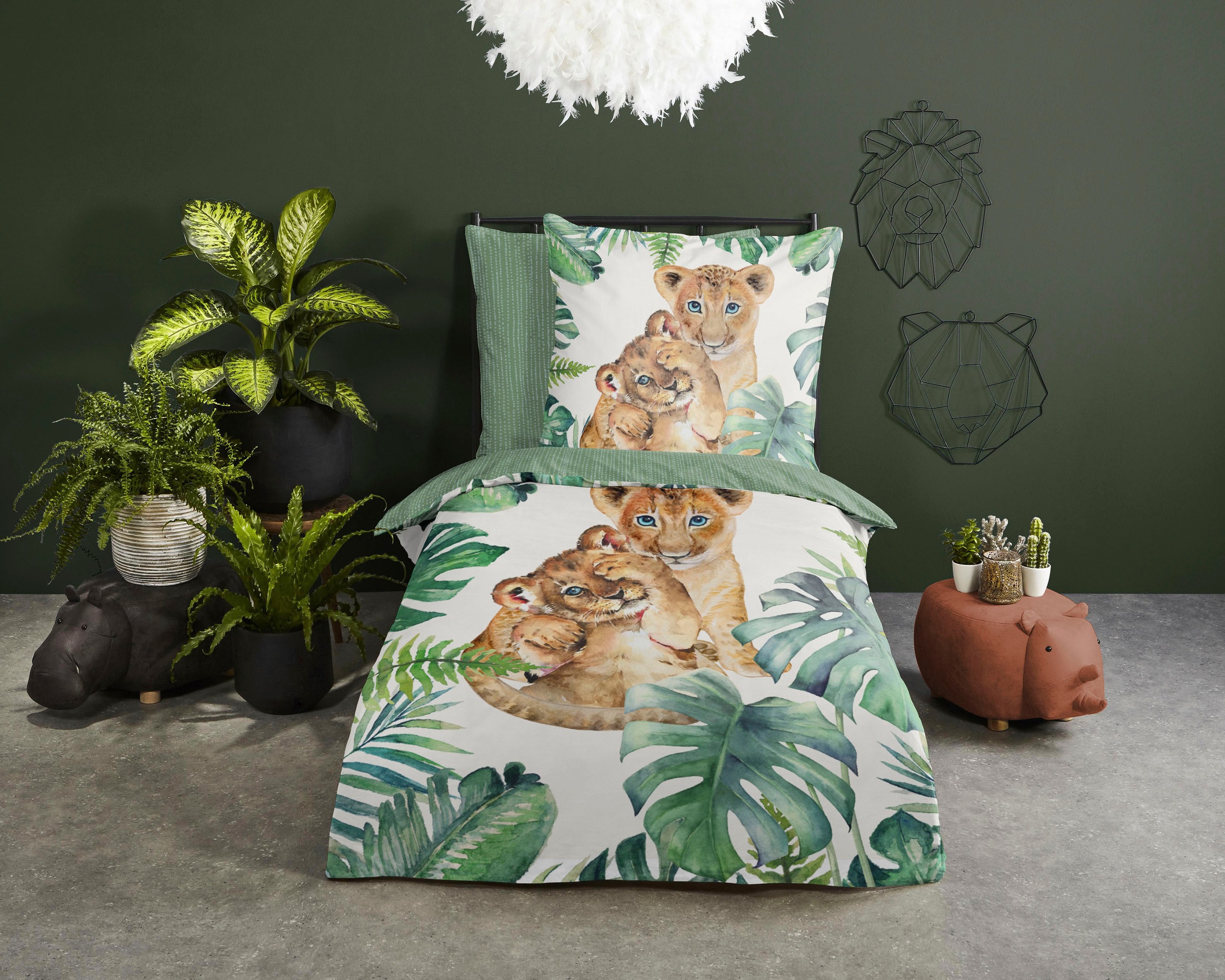 good morning Kinderbettwäsche »Jungle«, 100% Baumwolle, 135x200, Reißverschluss, Wendeoptik, Kind, Löwe, Grün