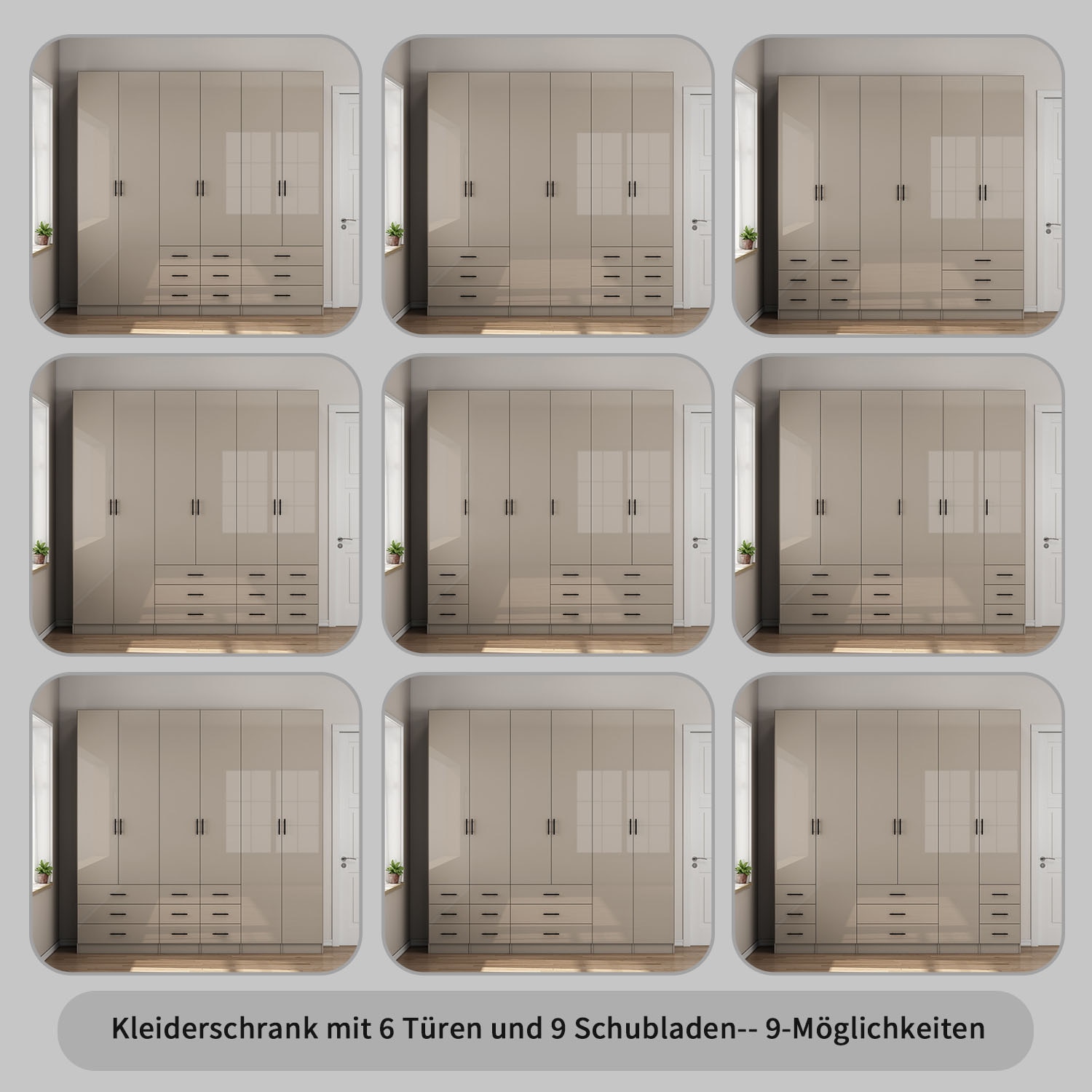 OTTO home Kleiderschrank »Trento Schlafzimmerschrank Garderobe hochglanz« in 2 unterschiedlichen Schrankhöhen wählbar,  Schrank mit 6 Türen und 9 Schubladen, Hochglanz-Fronten, 2,39m Höhe