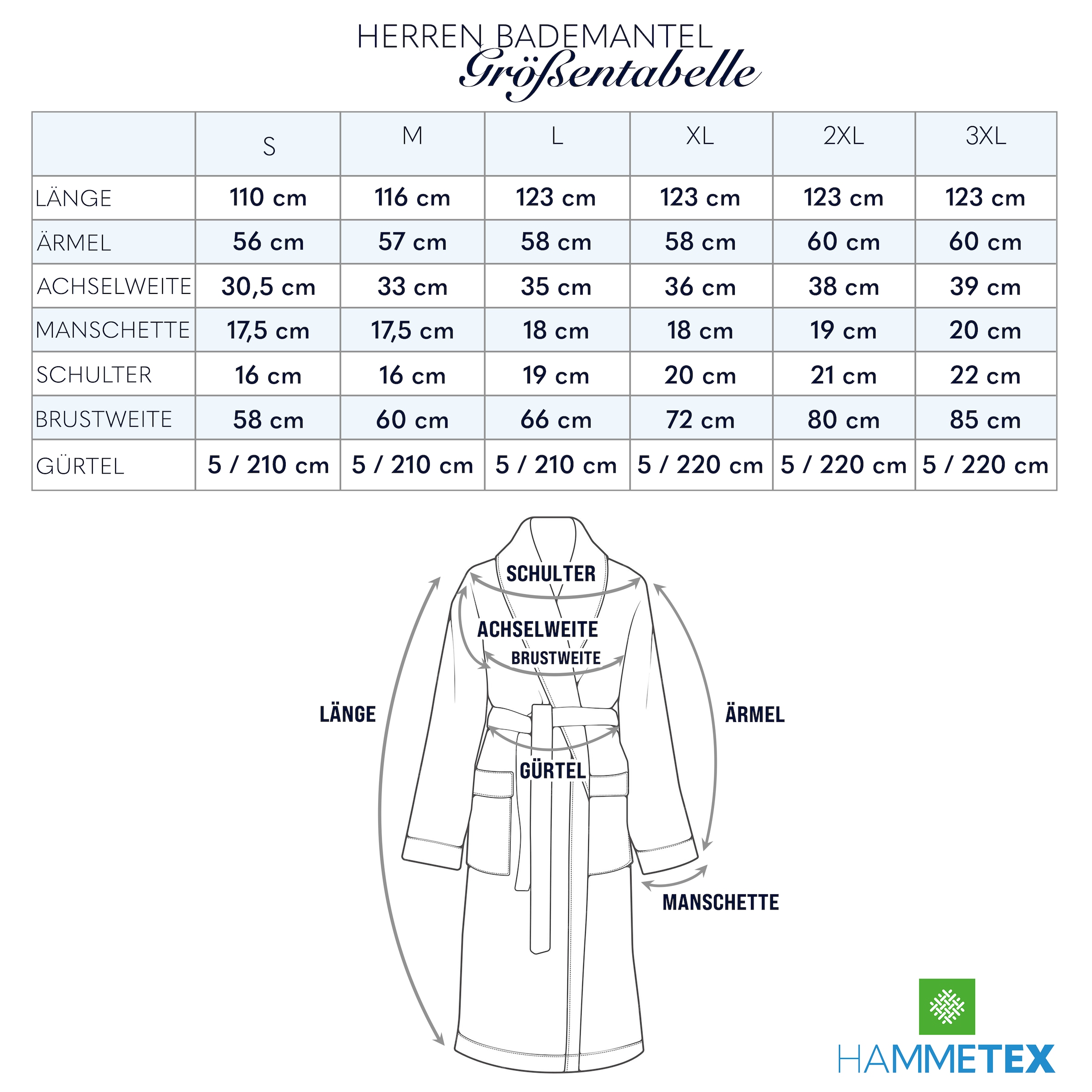 HAMMETEX Herrenbademantel »hergestellt aus 100% Baumwolle – 380 g/m² Frottee, mit Taschen« 1 Stk.