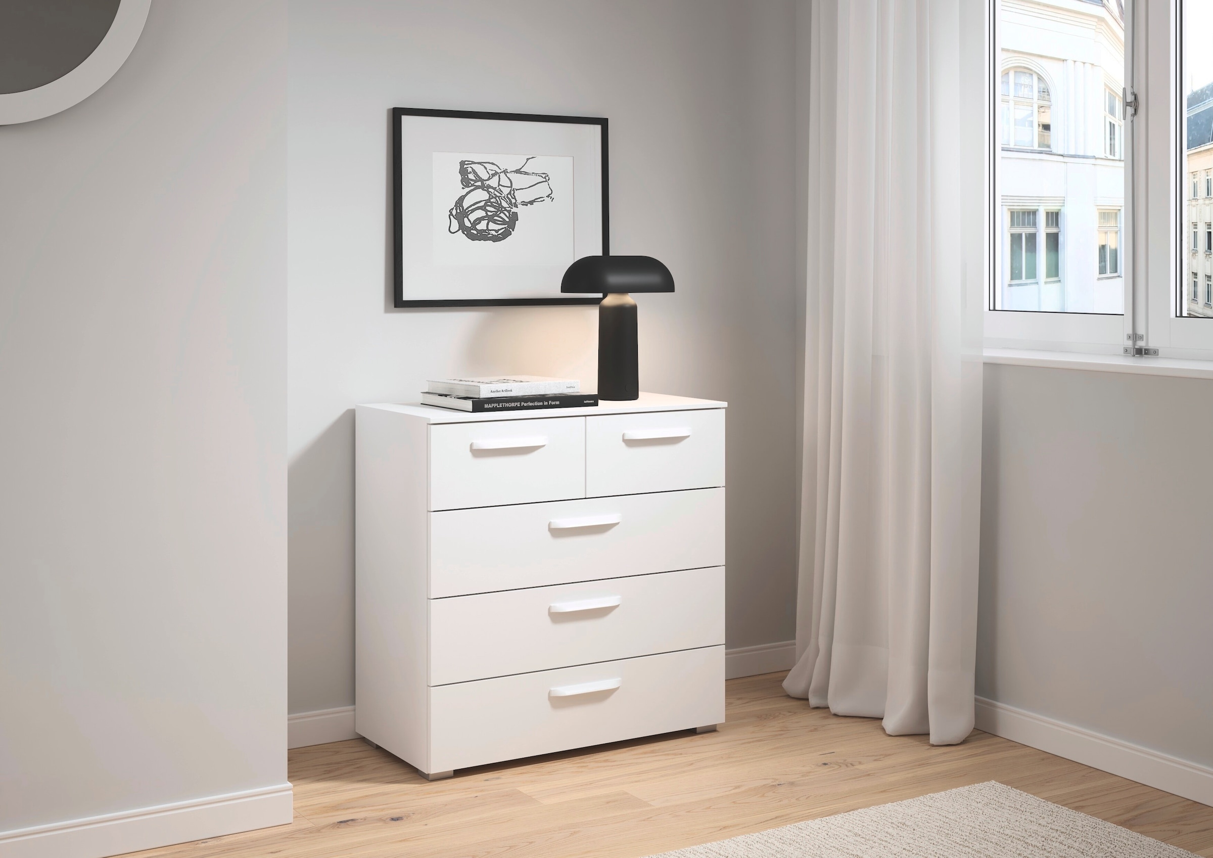 rauch Schubkastenkommode »Sideboard Schubladenkommode OTELI mit Dekor- und Hochglanzfront« Breite 80 cm inkl. Soft-Close-Funktion,  mit 5 geräumigen Schubladen für viel Stauraum MADE IN GERMANY
