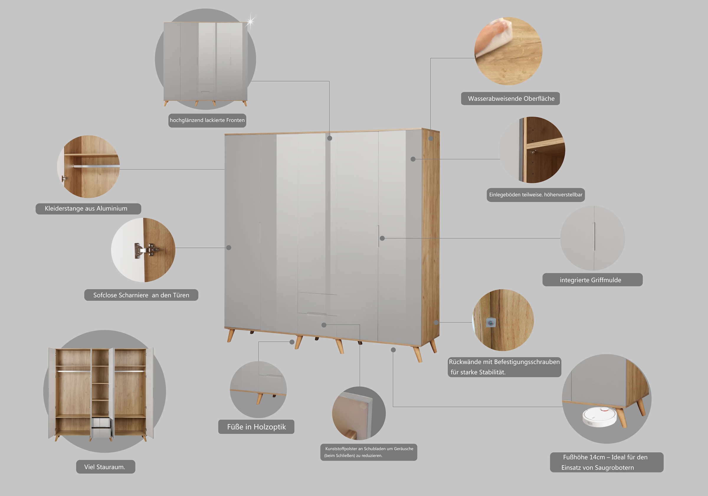andas Kleiderschrank »Lund Schlafzimmerschrank Bestseller im skandinavischem Design«, Garderobenschrank mit Premium Innenausstattung, Breite 200cm hochglanz