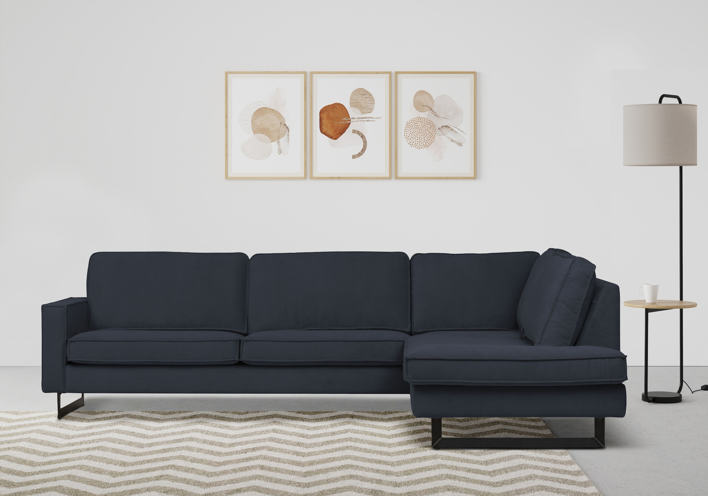 Places of Style Ecksofa »Pinto, 290 cm, Cord, Chenille, Lederoptik, Ottomane links / rechts«, mit Keder, schwarze Metallfüße, Wellenunterfederung
