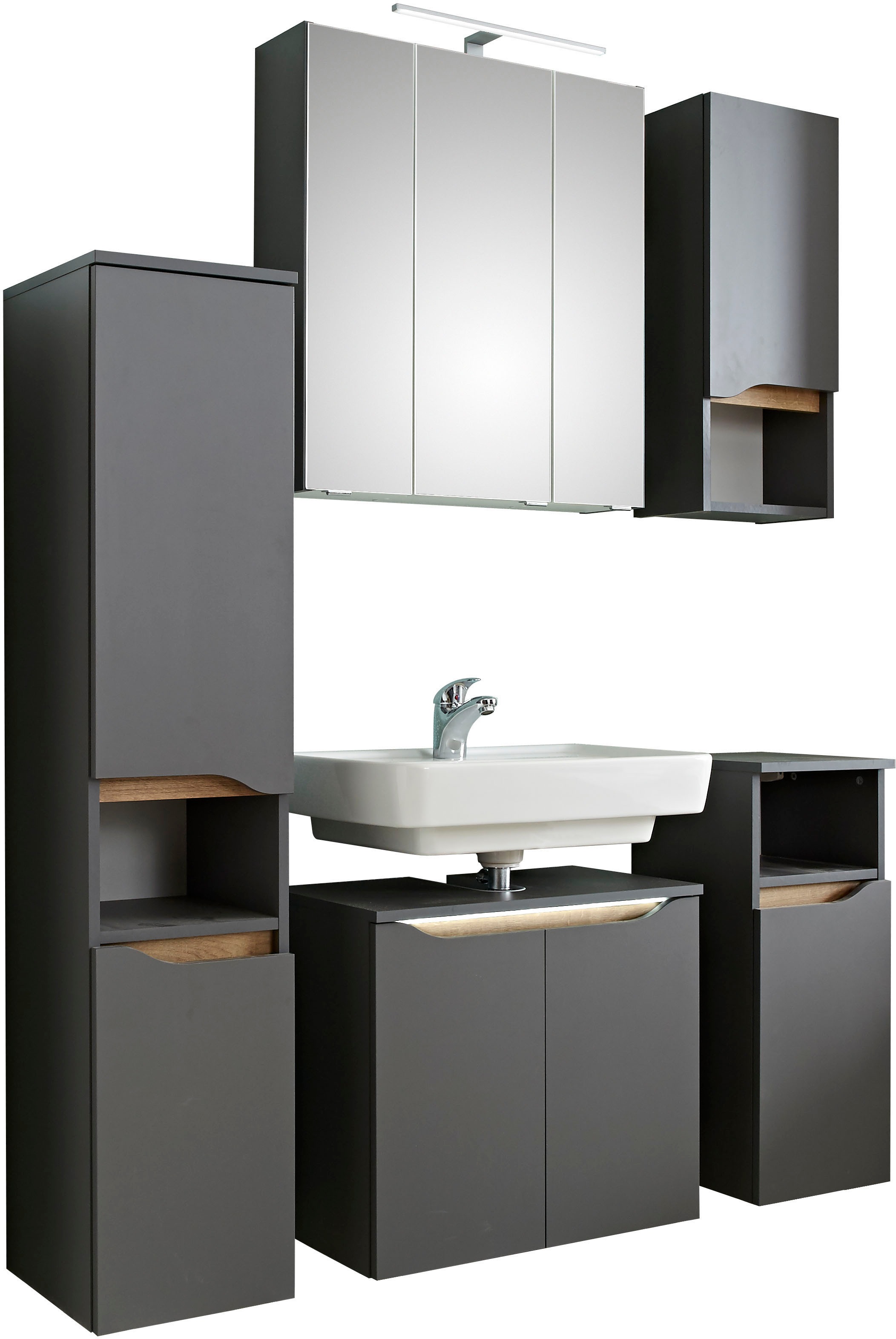 Saphir Badmöbel-Set »Quickset 5-teilig, Waschbeckenunterschrank mit LED-Spiegelschrank«, (6 St.), Midischrank, Unterschrank, Hängeschrank, inkl. Türdämpfer, 9 Türen