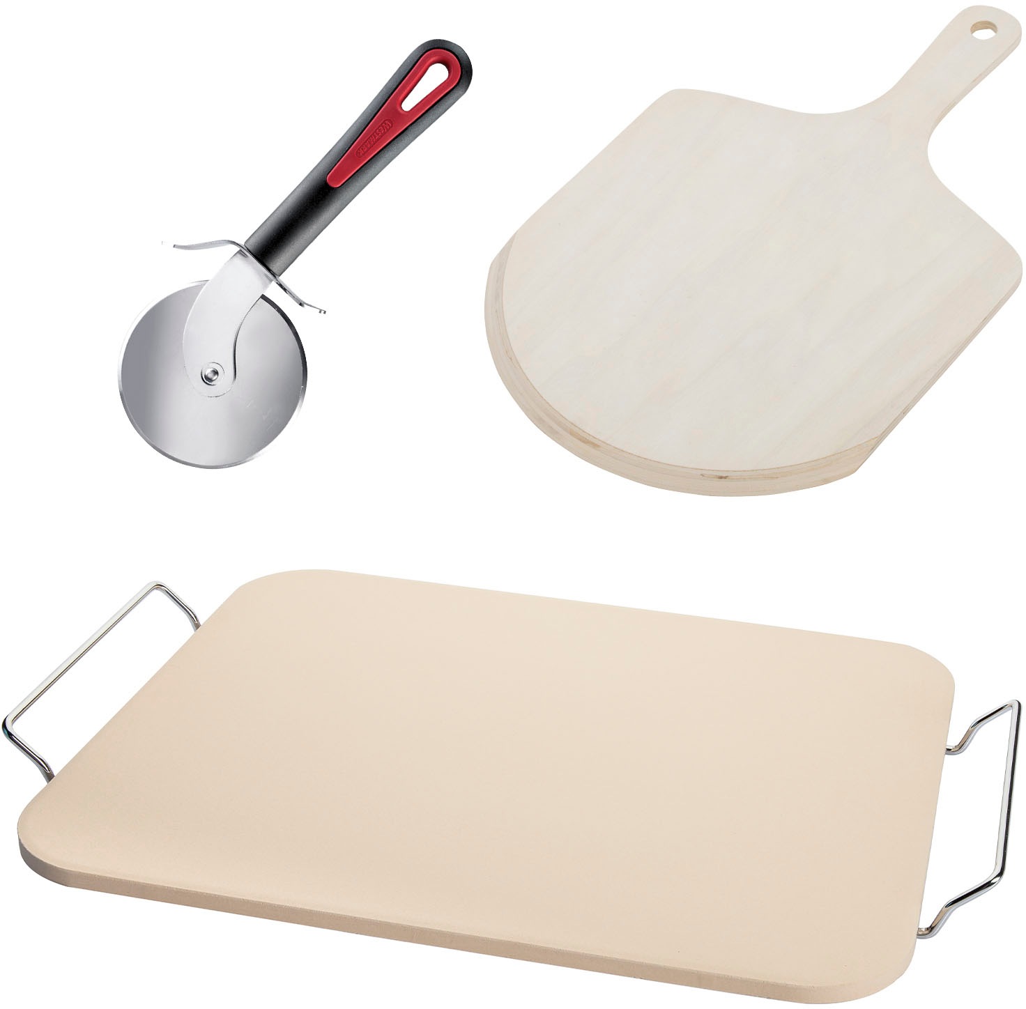 WESTMARK Pizzastein Keramik Set, 3 Stk. tlg. Inkl. Pizzaschaufel und Pizzaschneider beige