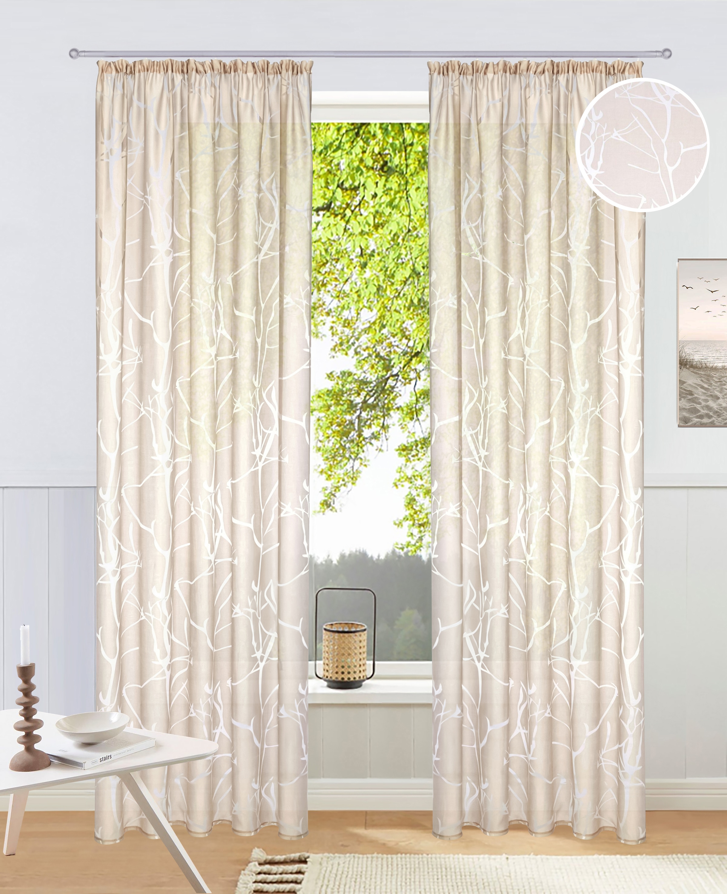 MY HOME Gardine »Anna« Kräuselband 1 Stk. tlg. Viskose, Polyester, Äste-Motiv sand Obermaterial: 70% Viskose, 30% Polyester 295 cm