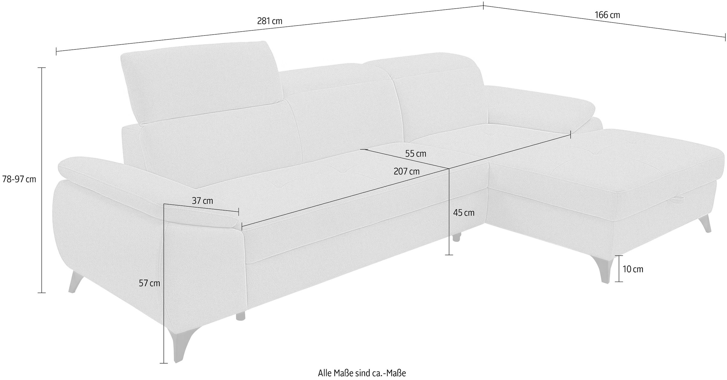 exxpo - sofa fashion Ecksofa »TAOS bequem, komfortabel durch Kopfteilverstellung, Breite 281cm« inkl. Bettfunktion und Bettkasten,toller Sitzkomfort, Steppung im Sitz