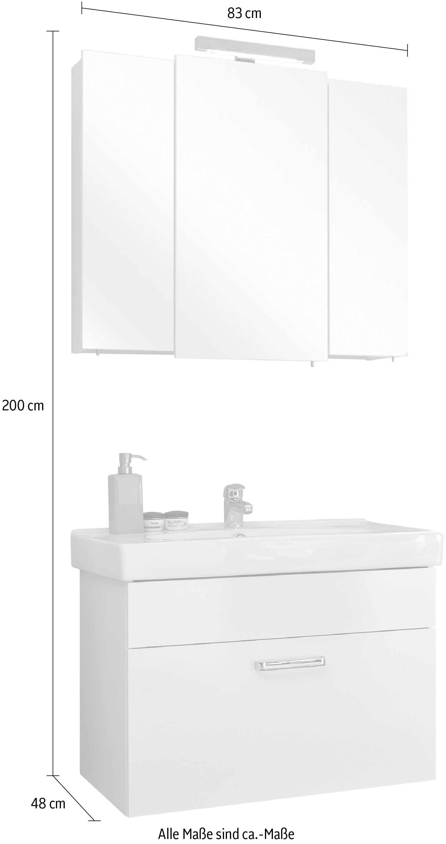 Saphir Badmöbel-Set »Quickset 2-teilig, Keramikwaschtisch mit LED-Spiegelschrank, Bad-Set«, (2 St.), Waschplatz 83 cm breit, 3 Türen, 1 Schublade, inkl. Türdämpfer