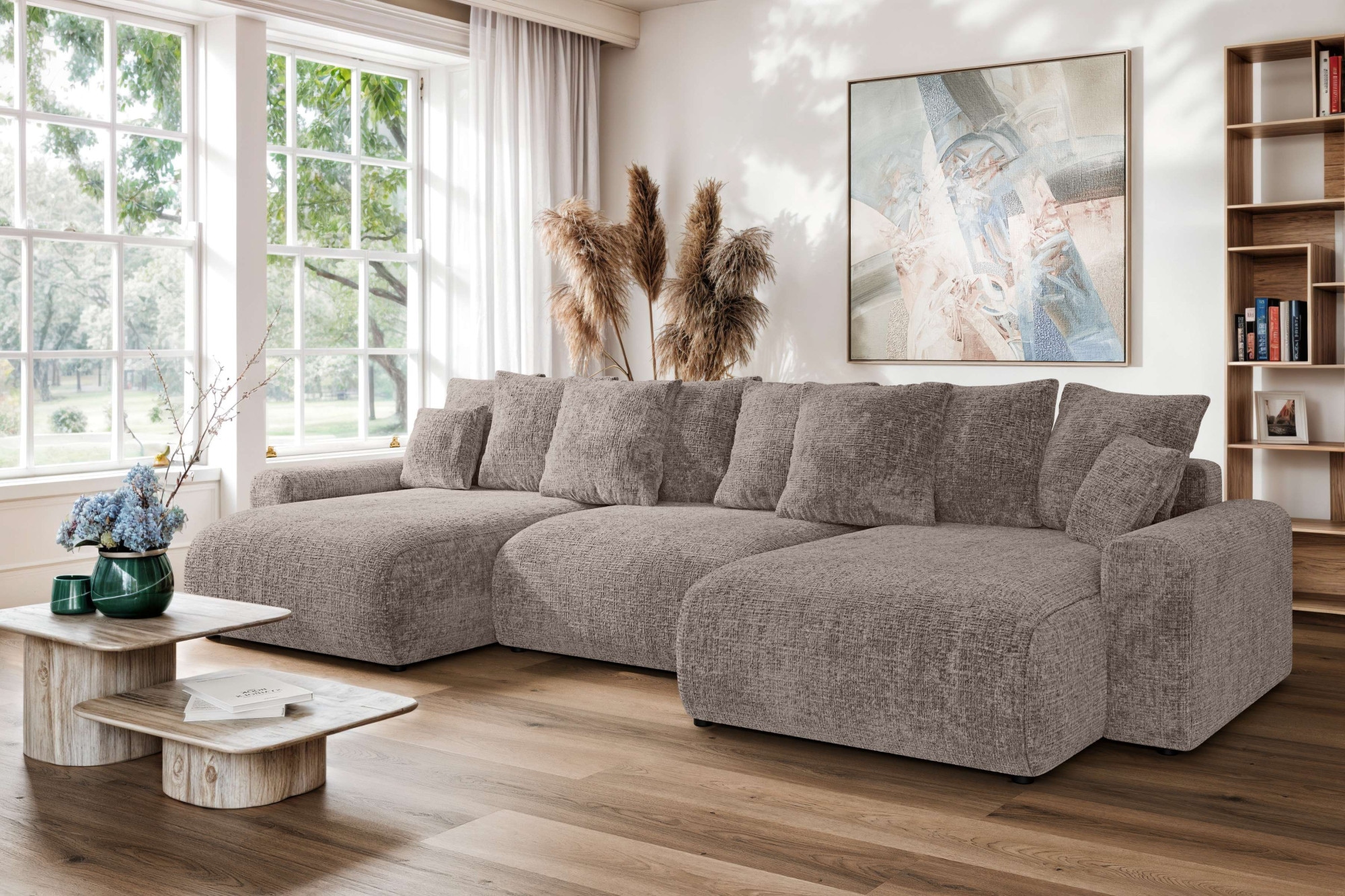 Home affaire Wohnlandschaft »LAKESIDE mit Bettfunktion und Bettkasten, Maße B/T/H: 332,5/142/84 cm«, U‑Form mit vielen Kissen und Wellenunterfederung