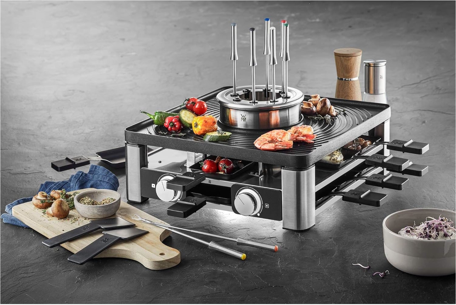 WMF Raclette »Lumero Gourmet Station 3-in-1, Raclette, Fondue und Indoor-Grill« 8 Stk. Raclettepfännchen 1.800 W spülmaschinengeeignete Pfännchen/Platte, Spritzschutz, LED-Beleuchtung