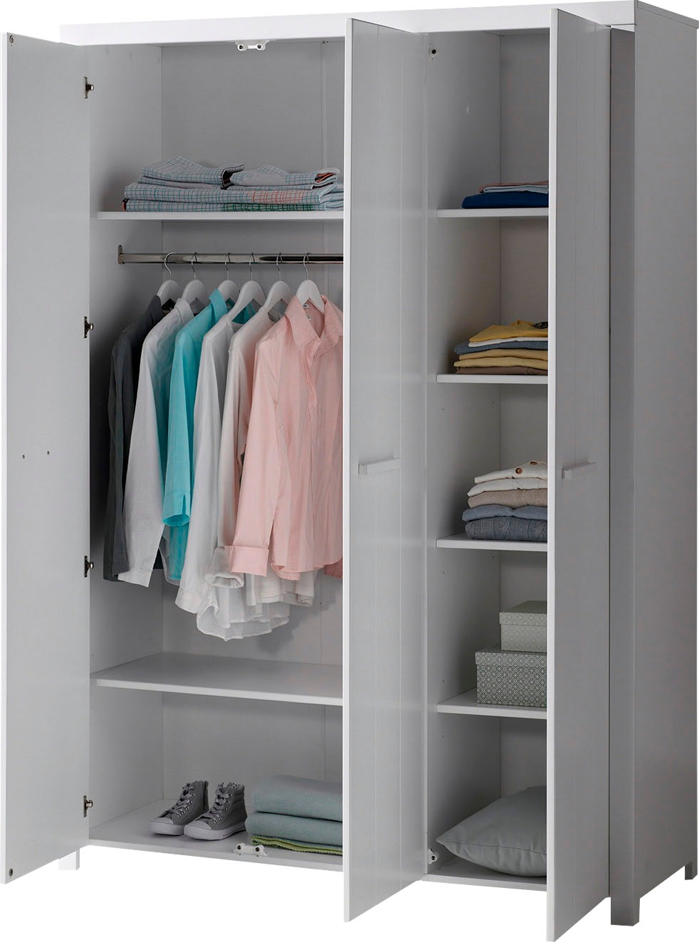 Vipack Kleiderschrank »Erik, Kleiderschrank 3-trg. mit viel Stauraum, MDF weiß lackiert«, (B/H/T ca. 144x205,5x57,5cm, in Landhaus-Optik), geräumiger Schrank inkl. Wäscheeinteilung, Ausf. weiß lackiert