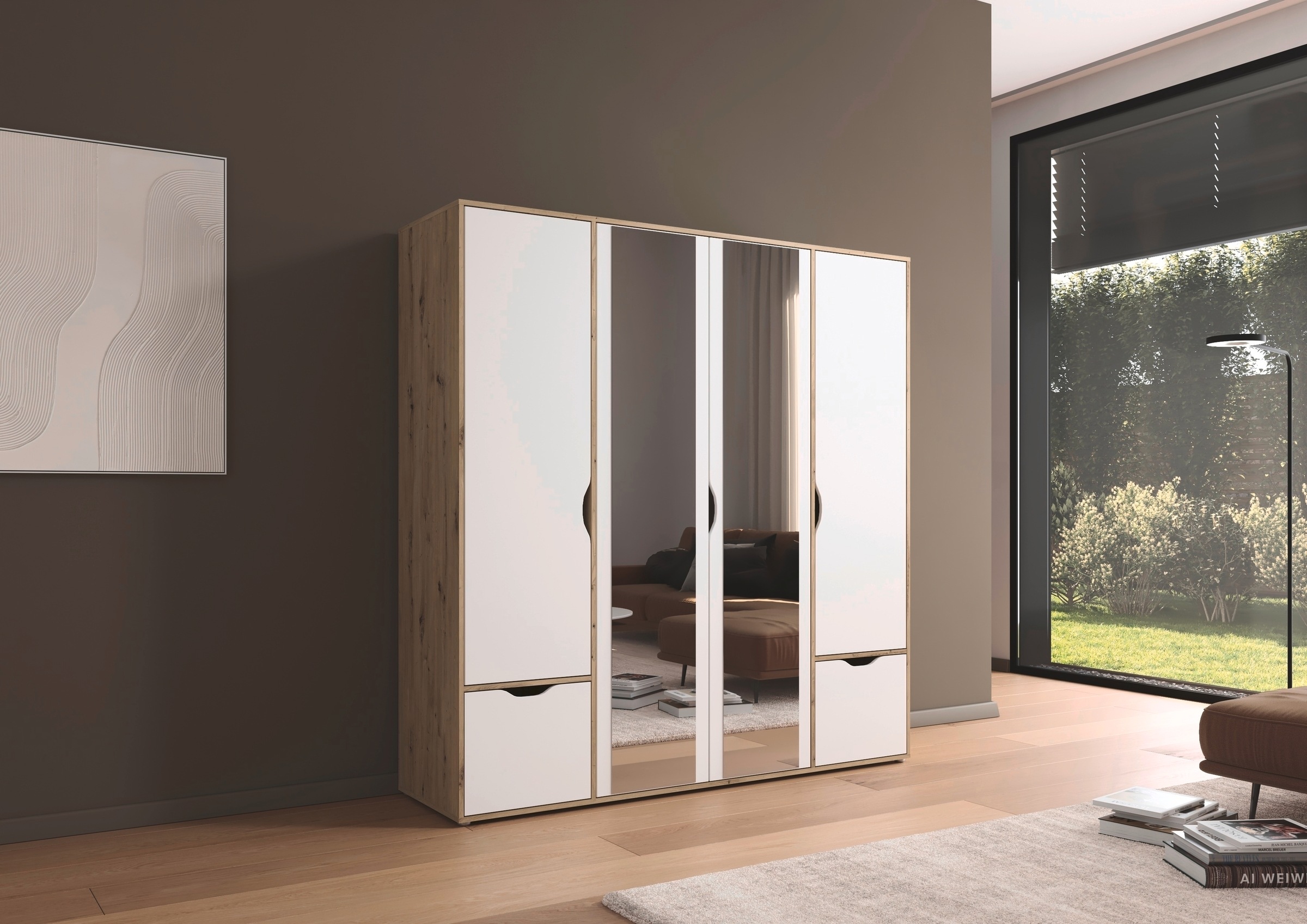 rauch Drehtürenschrank »Kleiderschrank Schrank Garderobe Wäscheschrank NARAI mit Schubladen«, (in 3 verschiedenen Ausstattungen BASIC/CLASSIC/PREMIUM), Griffausfräsungen für eine grifflose Optik TOPSELLER MADE IN GERMANY