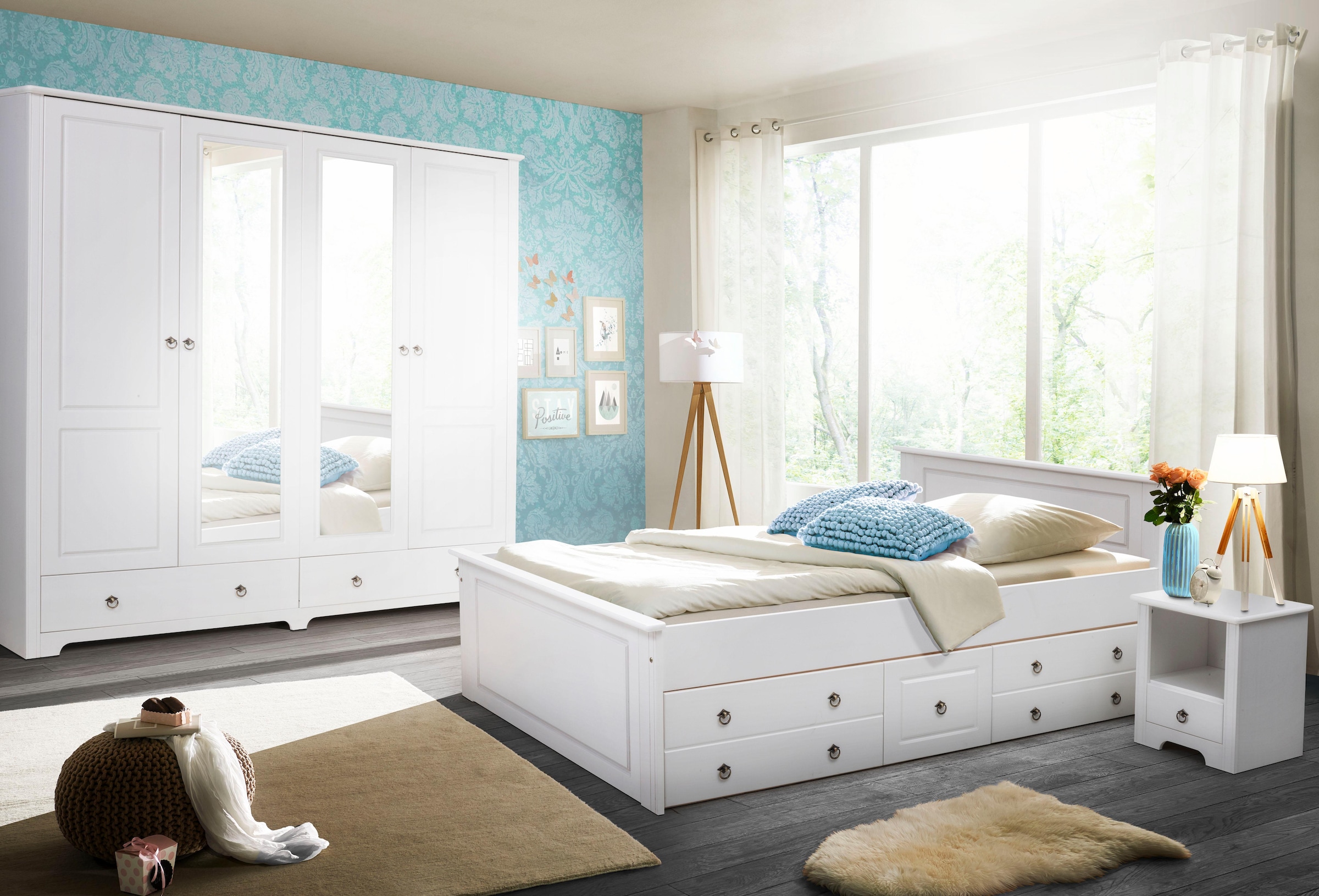 Home affaire Massivholzbett »Hugo, hohe Belastbarkeit! FSC® zertifiziertes Massivholz, Landhausstil«, (Breite/Belastbarkeit 180cm/200KG, 140cm/180KG), Stauraumbett aus massiver Kiefer