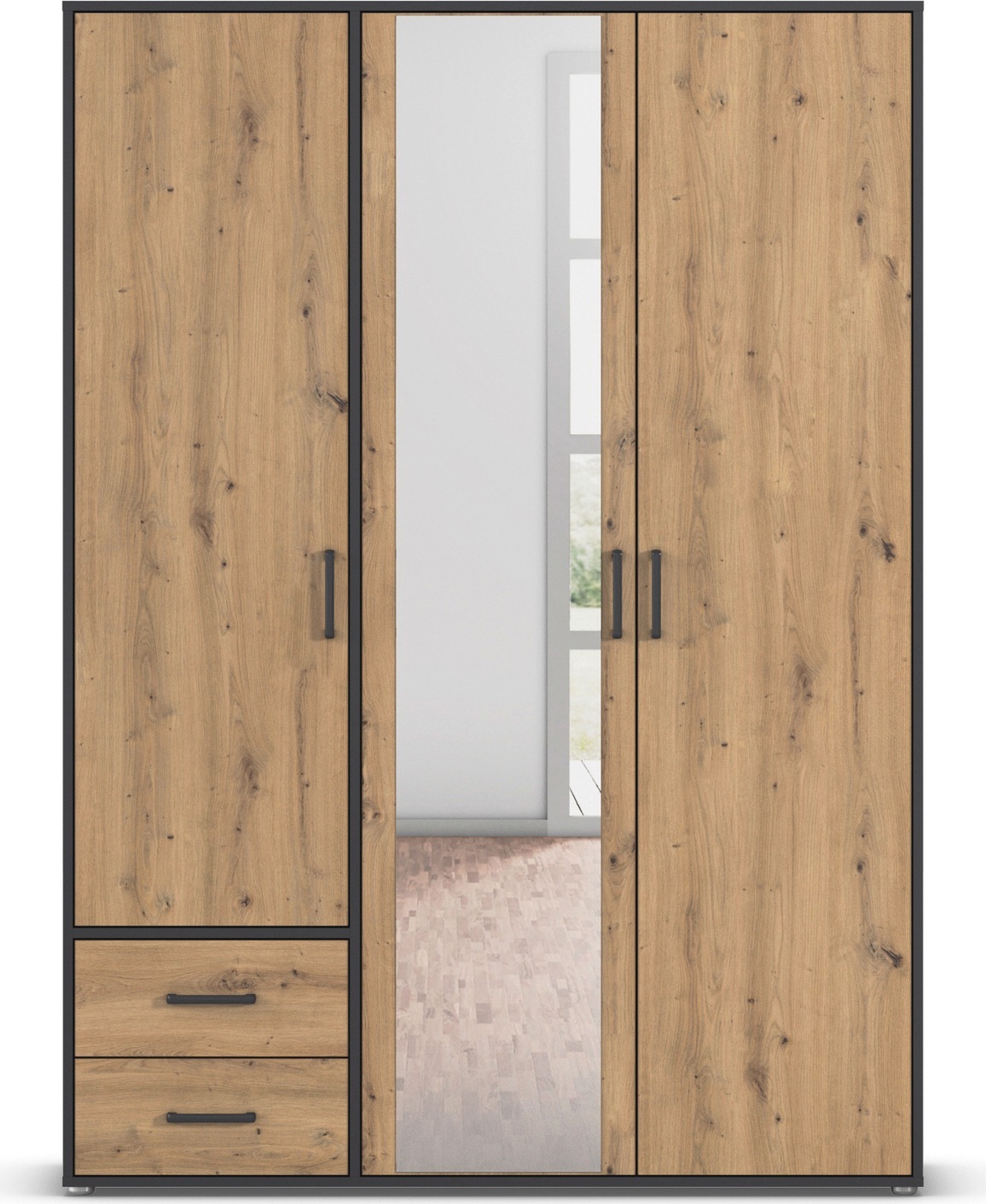 rauch Drehtürenschrank »Kleiderschrank Schrank Garderobe Wäscheschrank VOYAGER«, (in 3 verschiedenen Ausstattungen BASIC/CLASSIC/PREMIUM), mit modernen Griffen in Graumetallic, inkl. Schubkästen und Spiegel