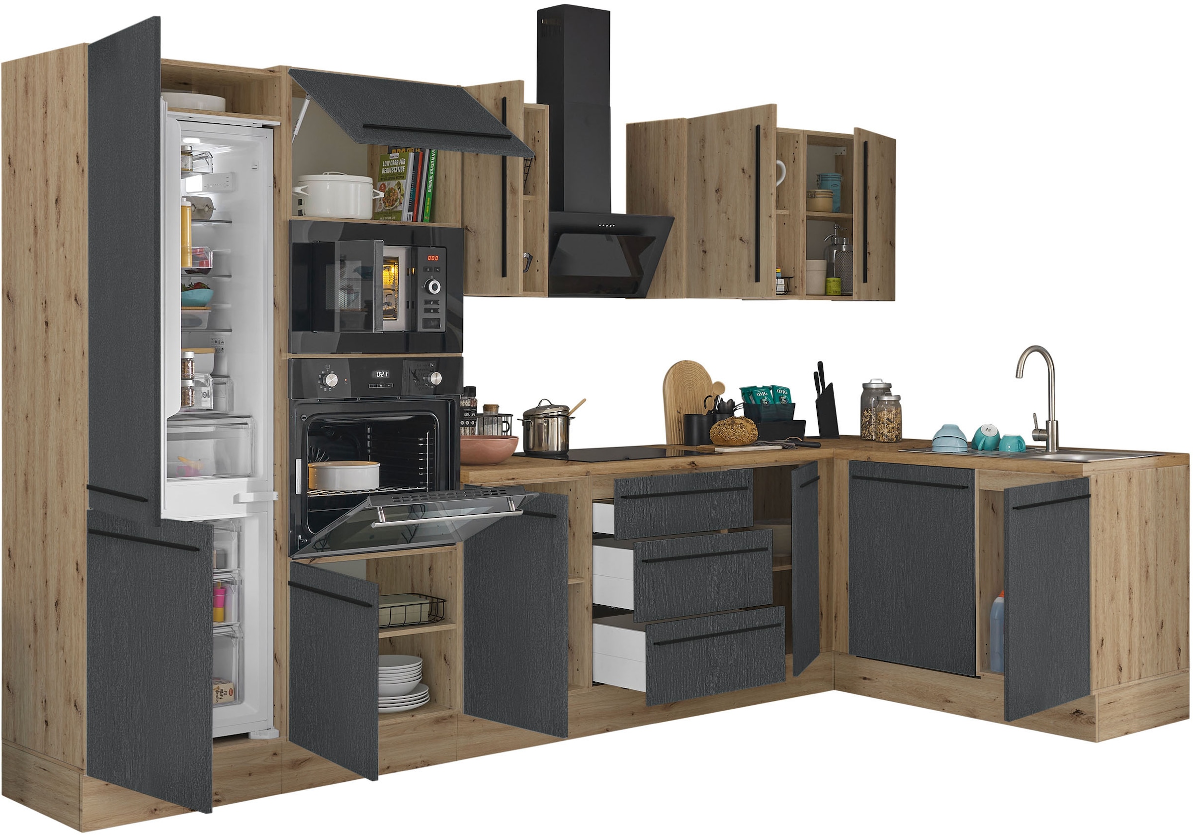 KOCHSTATION Winkelküche »Florida, Stellbreite 340x175 cm«, wahlweise mit E-Geräten, mit Softclose für Türen und Schubkästen