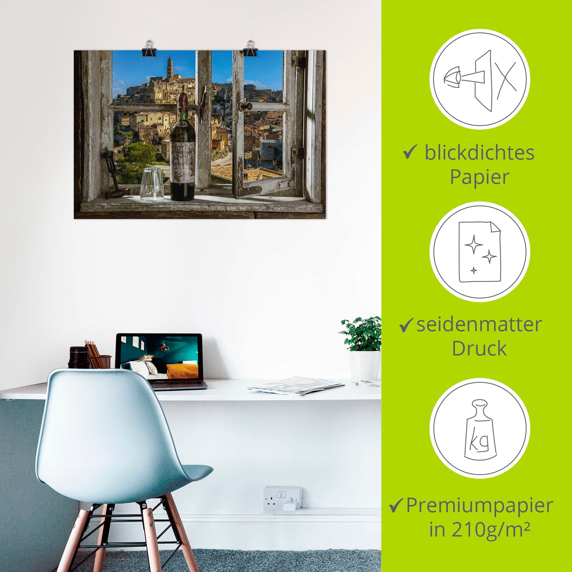 Artland Wandbild »Blick aus dem Fenster Matera, Italien«, Fenster & Türen, (1 St.), als Alubild, Outdoorbild, Leinwandbild, Poster, Wandaufkleber