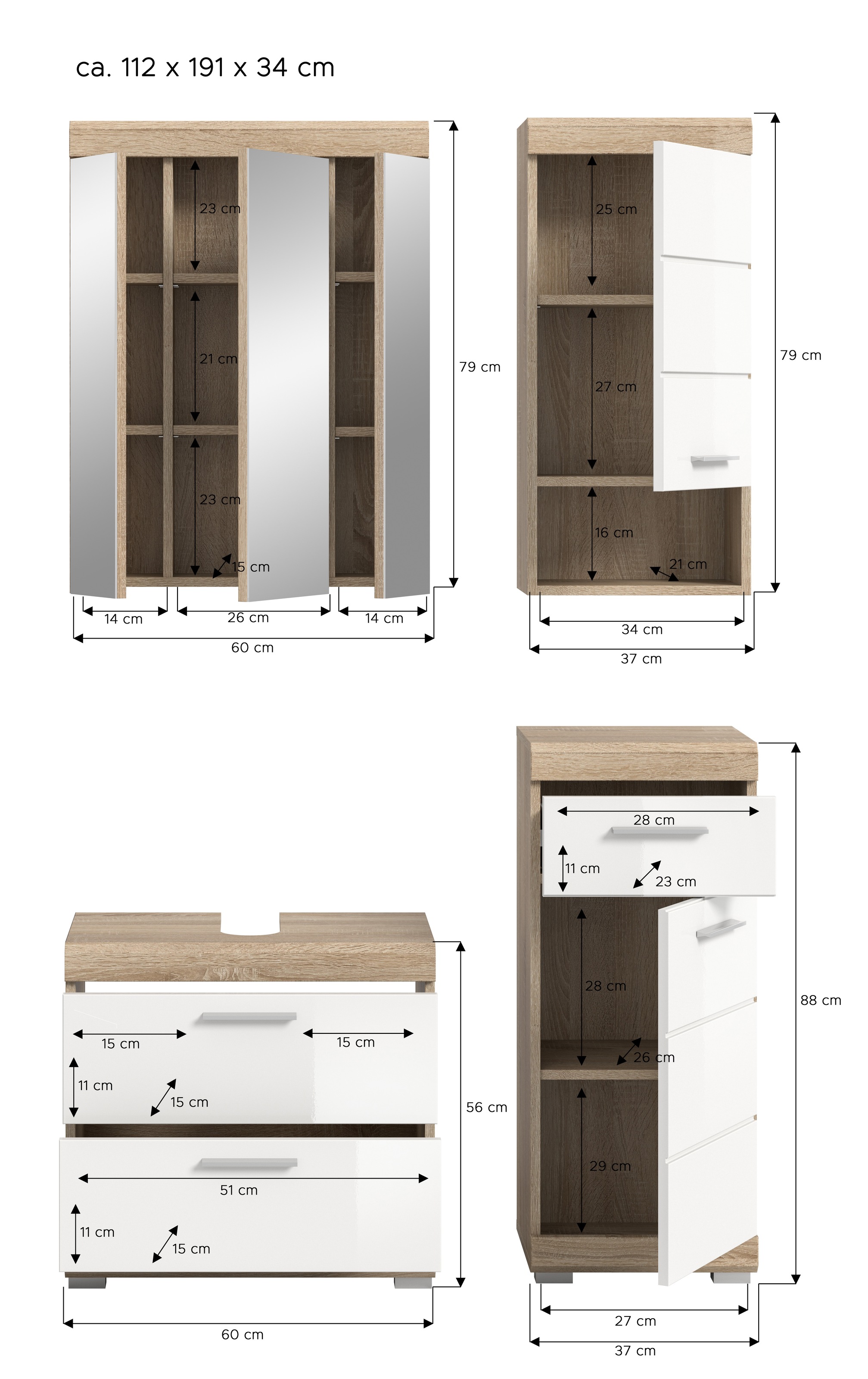 INOSIGN Badmöbel-Set »Siena, 4 teilig, bestehend aus:«, (Set), Waschbeckenunterschrank, Spiegelschrank, Unterschrank, Hängeschrank