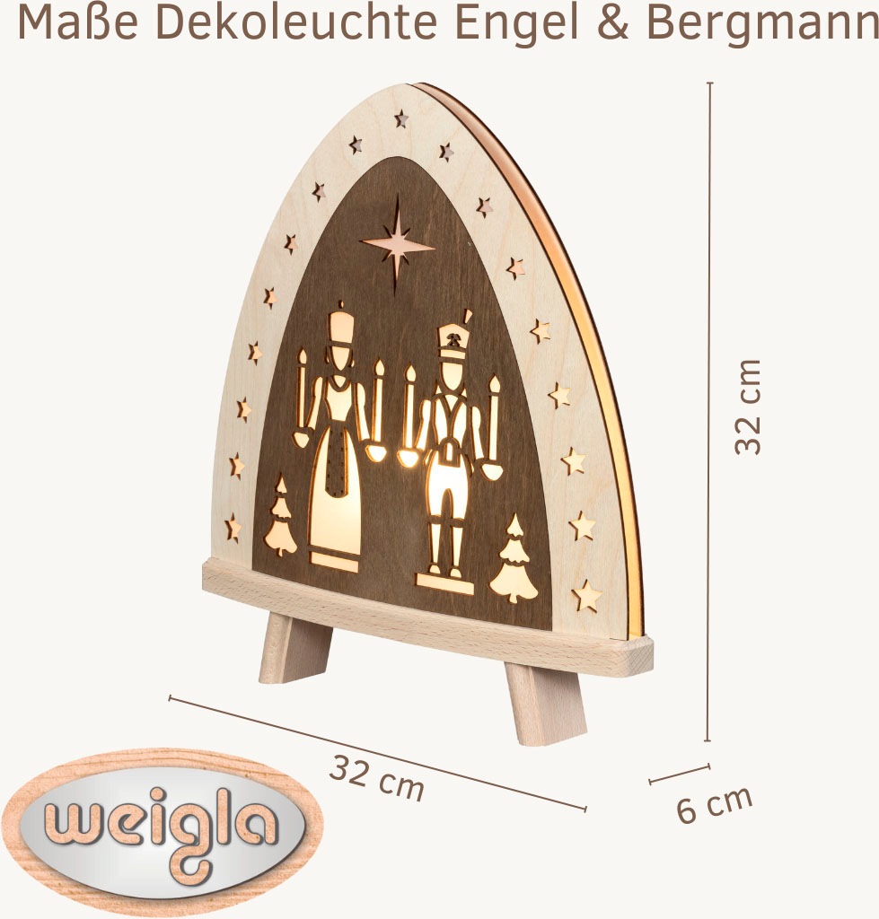 Weigla LED Lichterbogen »Engel und Bergmann, Dekoleuchte aus Holz, NATUR-BRAUN«, Erzgebirge garantiert, Weihnachtsdeko Innen, Weihnachtsbeleuchtung