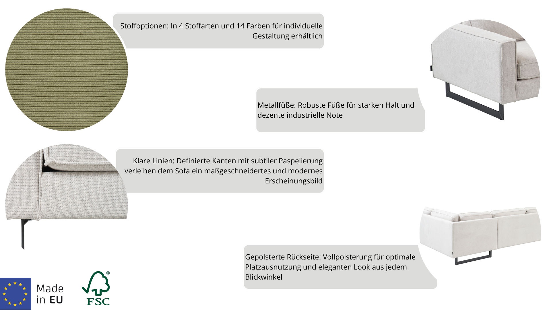 Places of Style Loveseat »Pinto 105 cm, Cord, Chenille, Lederoptik«, mit Keder, Metallfüßen und auch in Cord Bezug erhältlich