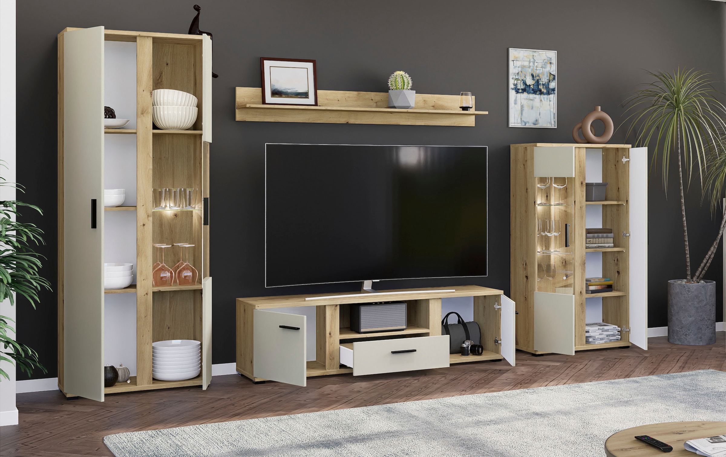 HBZ Wohnwand »Kanada Wohnwand, BxHxT 340x196x40«, (4 St.), Breite 340cm, Unterflurauszug, Melaminbeschichtung