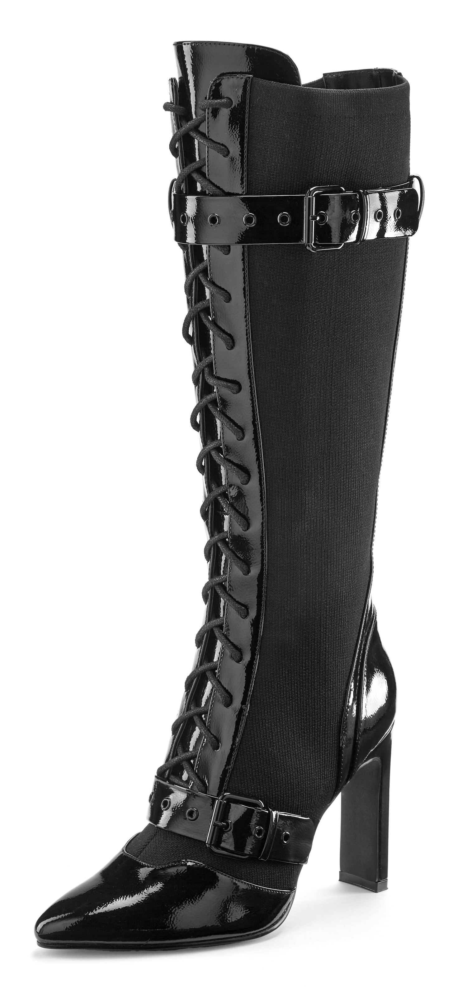 LASCANA Belle Affaire High-Heel-Stiefel »Schnürstiefel mit elastischem Schaft«, Erotische Lack-Optik, High-Heel-Stiefelette