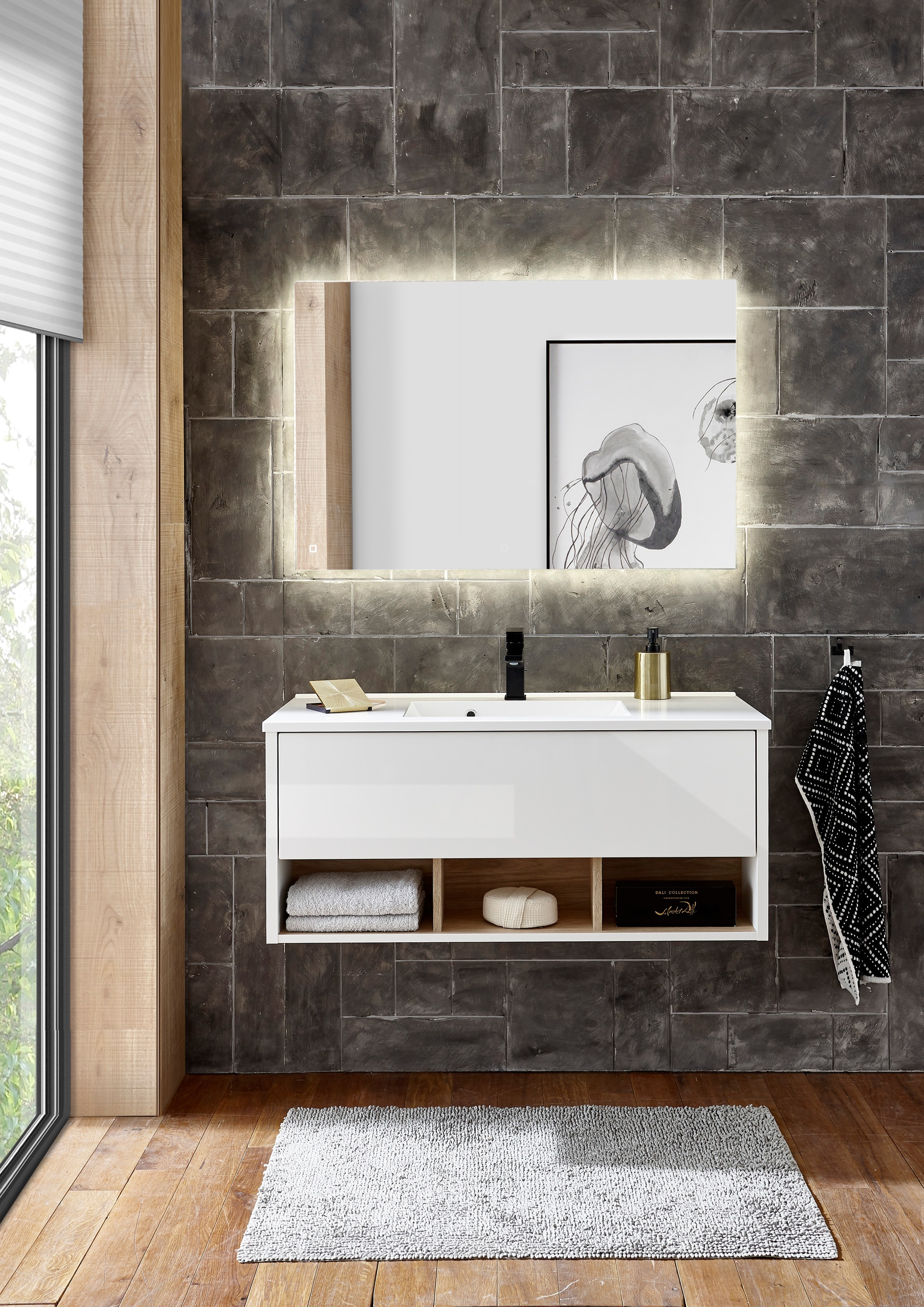 Places of Style Badmöbel-Set »Studio Line, Bad im modernen Design, 2-teiliges Badezimmer«, (2 St.), Waschtisch und Spiegel, in zwei Farben verfügbar, viel Stauraum
