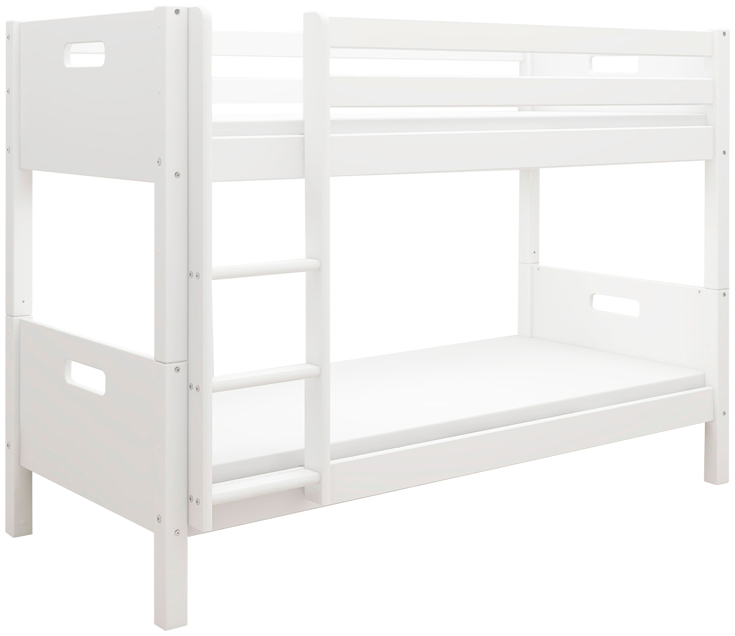 Etagenbett “ Nordic“, produziert by Flexa,Umbaubar in 2 Einzelbetten, incl Rollrost, weiß Absturzsicherung vorne in Kiefer